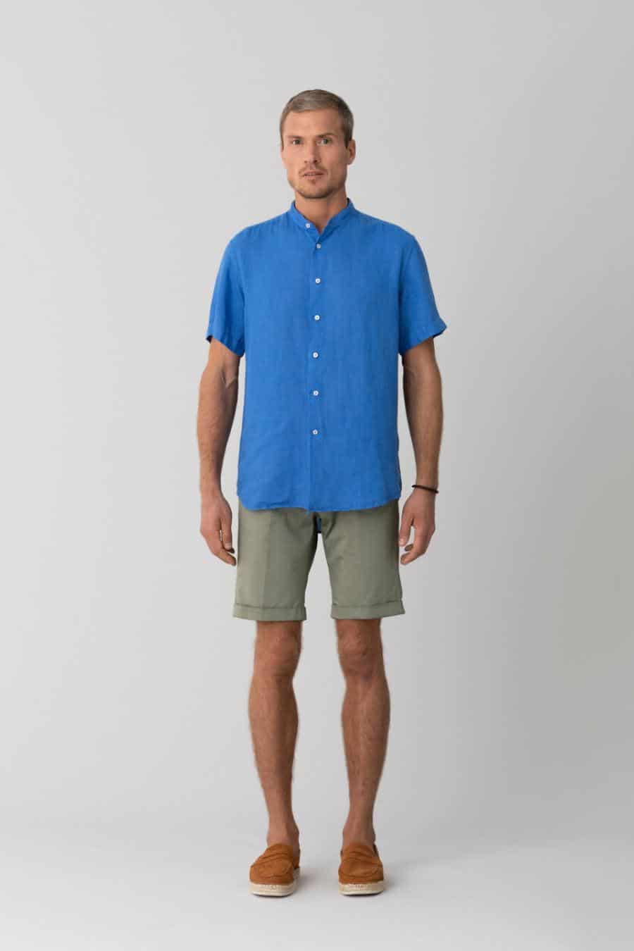 men’s linen shirt mao blue intense basic - miniatura 7