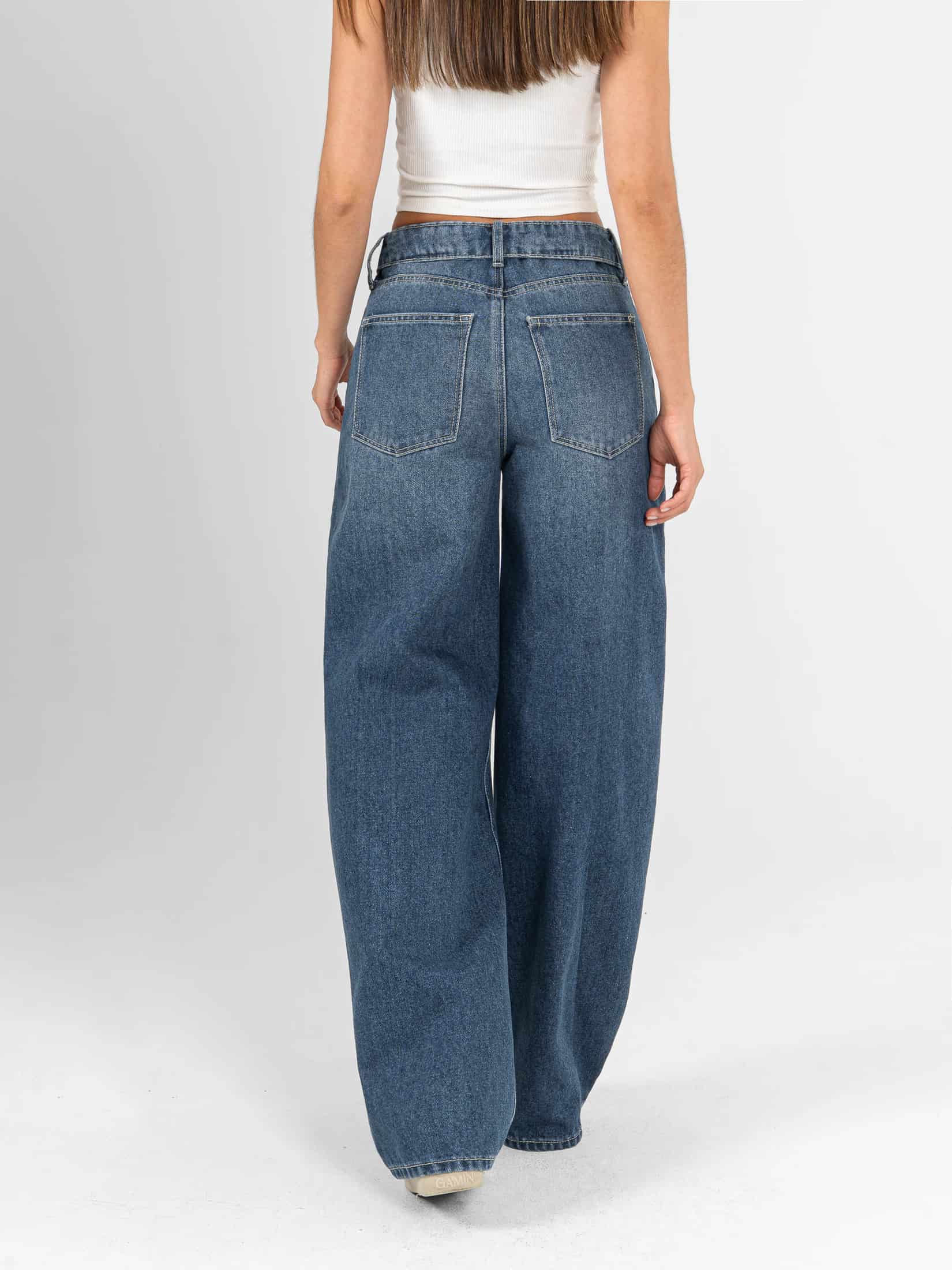 Ref: 066570 Jean wide leg, rígido, tiro medio, detalle en pretina, tono azul medio oscuro - miniatura 2