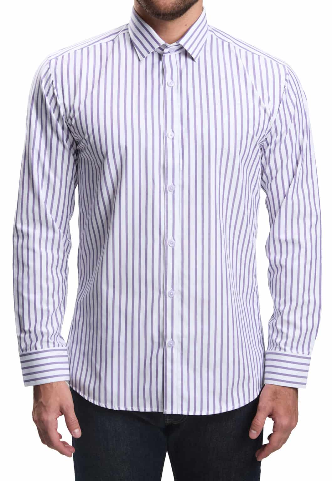 Camisa casual slim fit blanca a rayas lila - miniatura 3