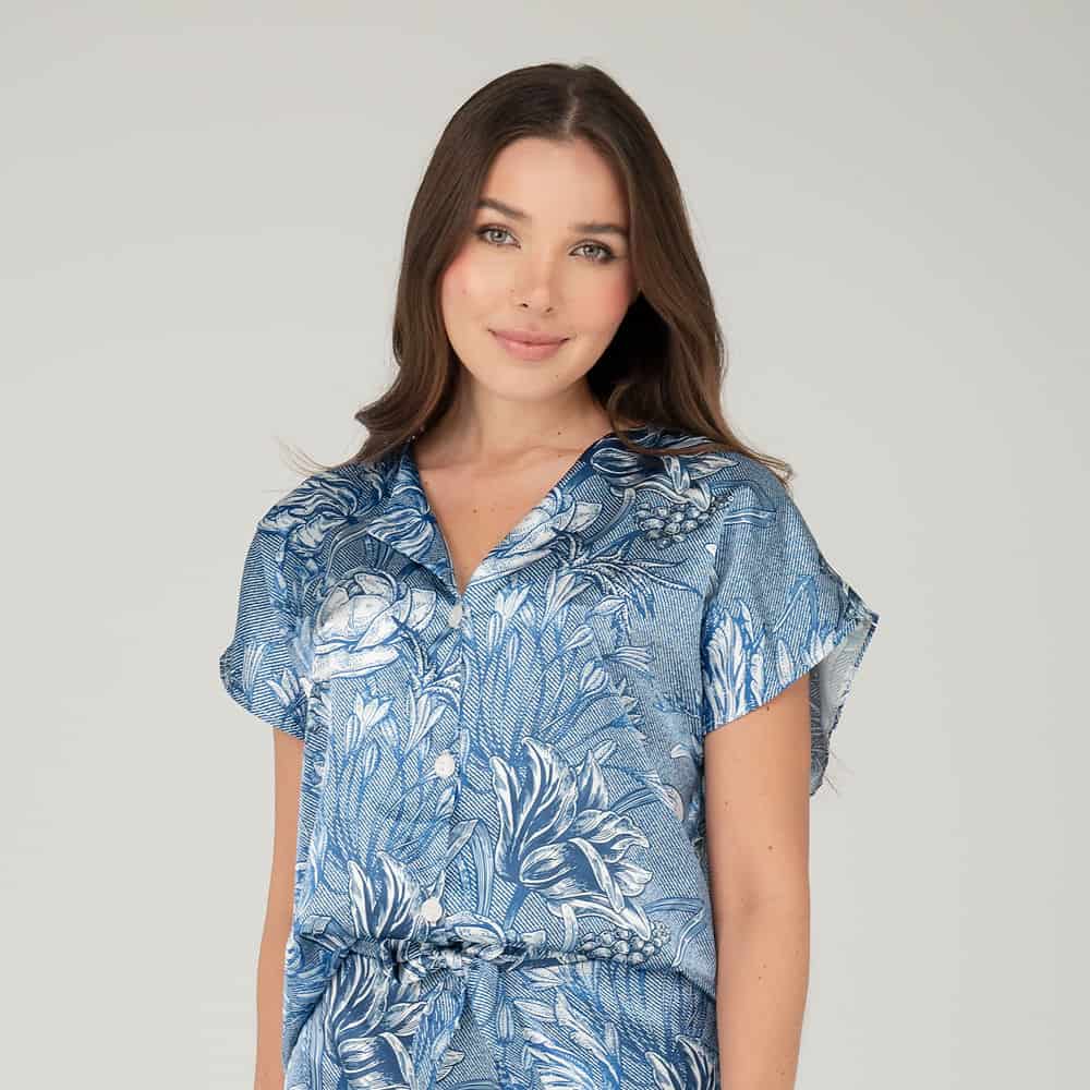 Camisa Satin Manga Corta Estampado Denim - miniatura 1