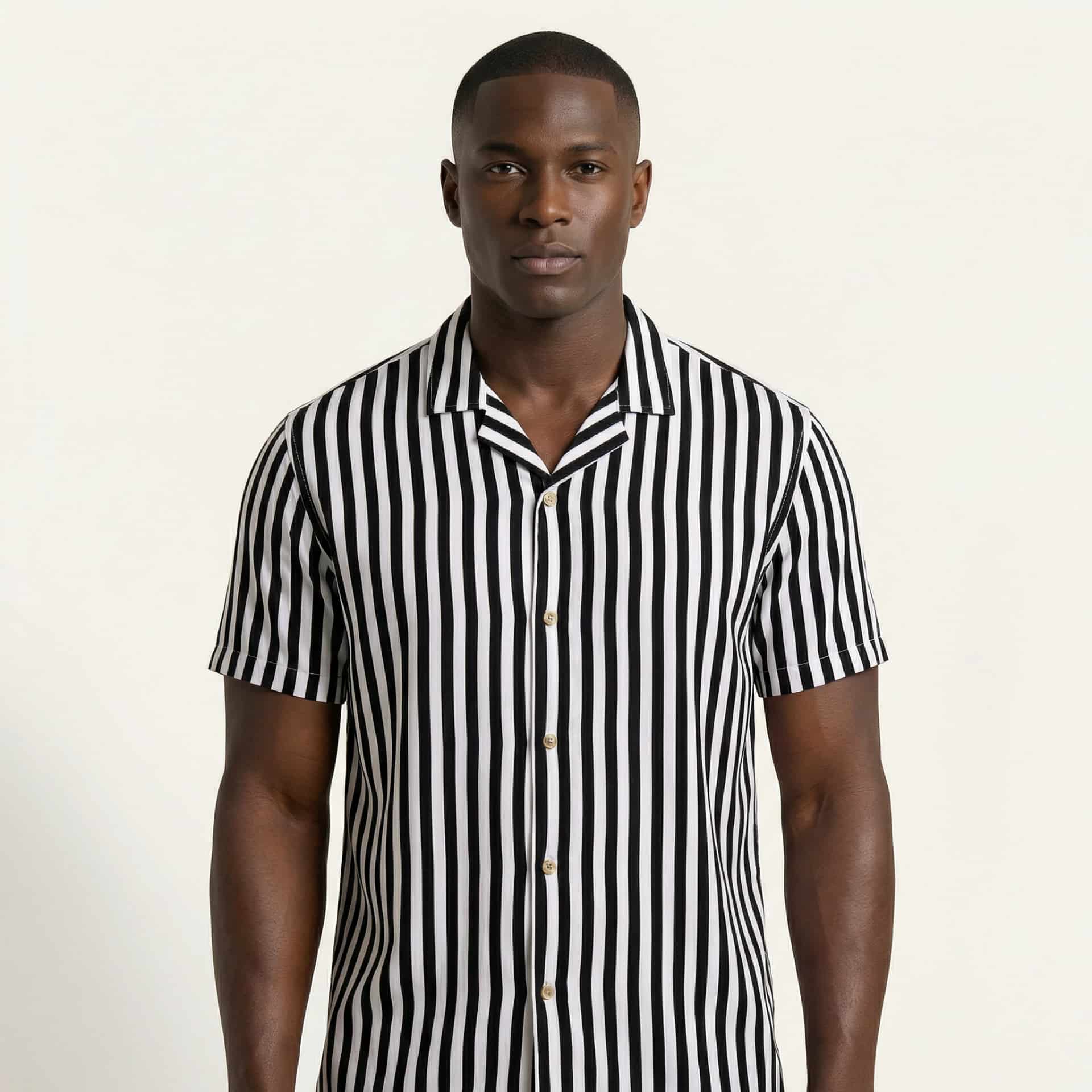 Camisa Bowling Rayada Blanco/Negro C201 - miniatura 1