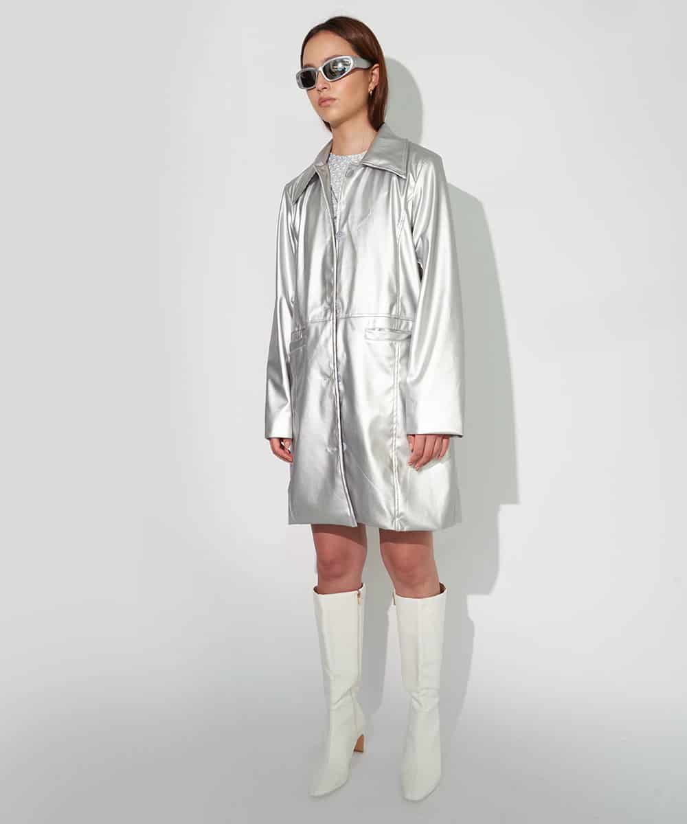 Faux Leather Overcoat In Silver - miniatura 2