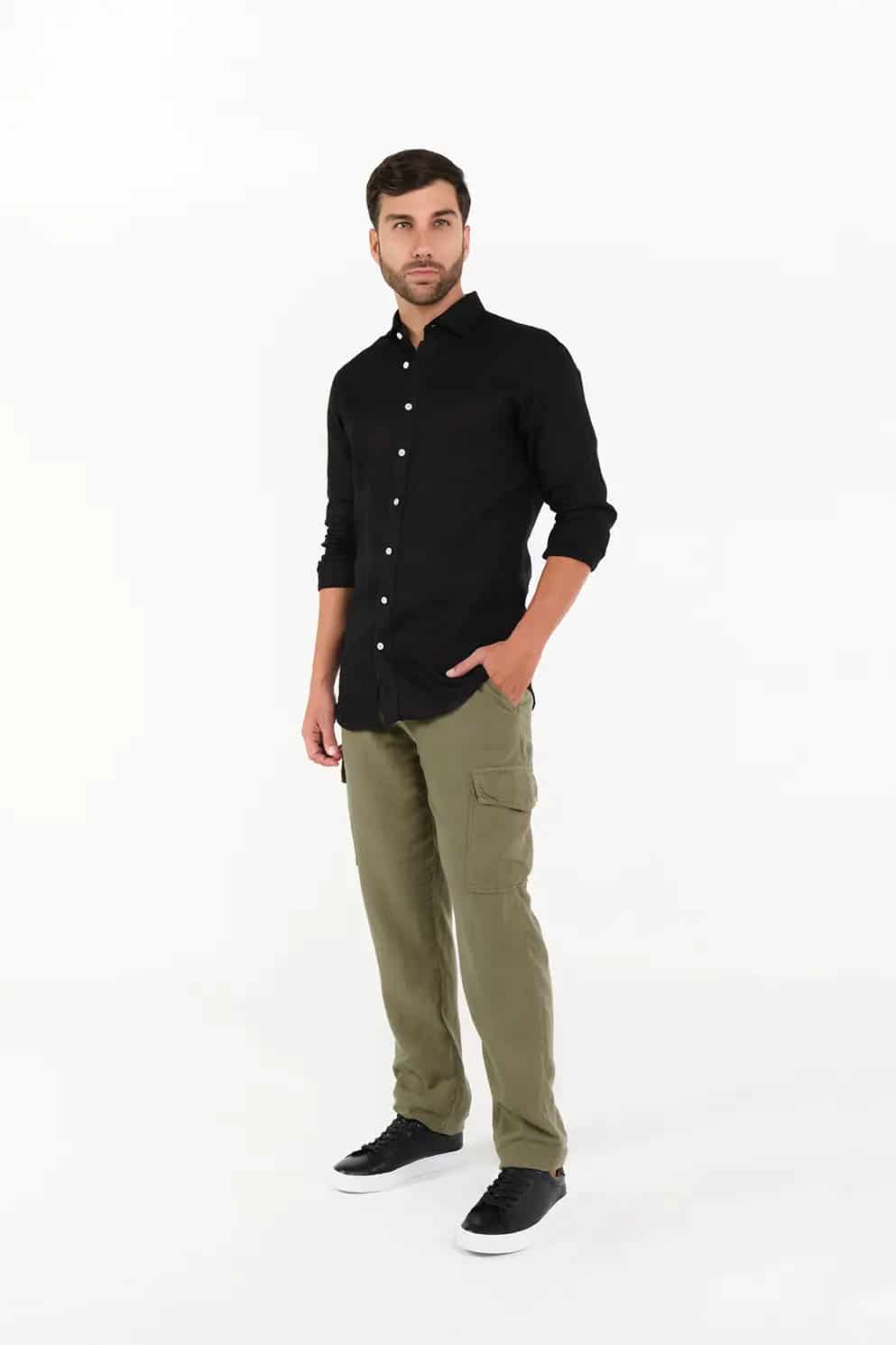 Pantalón Cargo Slim Fit 100% Lino Verde Claro - miniatura 1