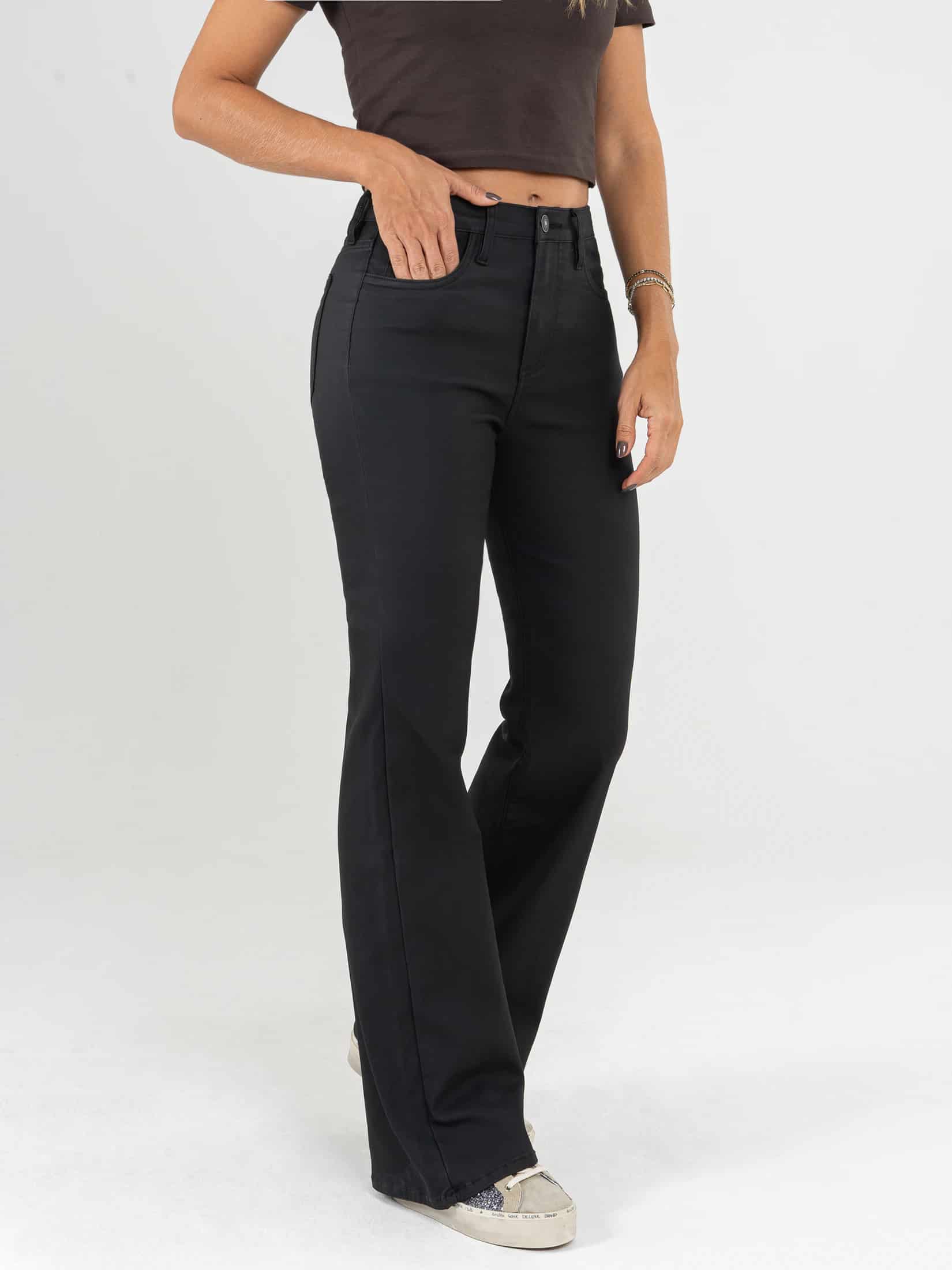 Ref: 065963 Pantalón flare stretch, bota ancha, efecto cuero, tiro alto, tono negro. - miniatura 5