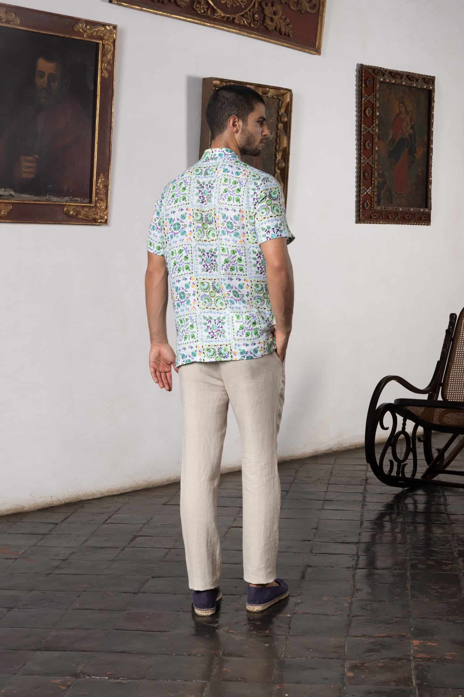 Men's linen shirt green suzani - miniatura 11