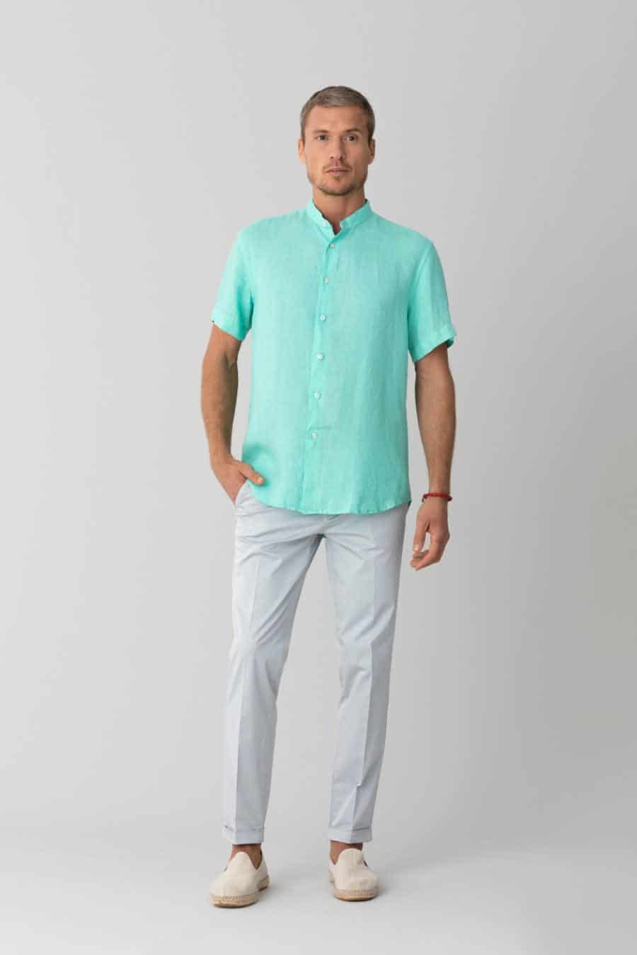 men’s linen shirt mao turquoise basic - miniatura 2