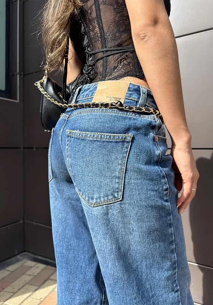 Jean Rígido Wide Leg Baggy para Mujer Tono Azul Medio Oscuro Tiro Bajo - miniatura 4