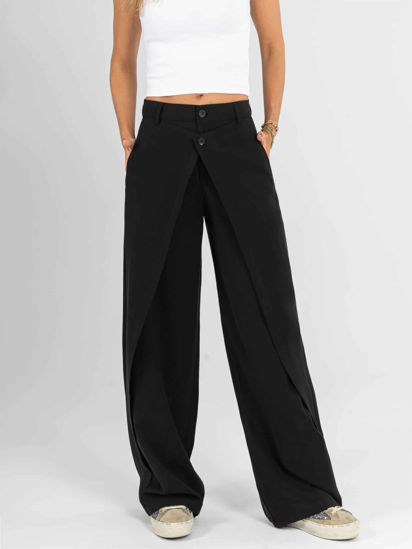 Ref: 0620549 Pantalón wide leg, tejido plano liviano, tiro alto, detalle delantero, tono negro - miniatura 1