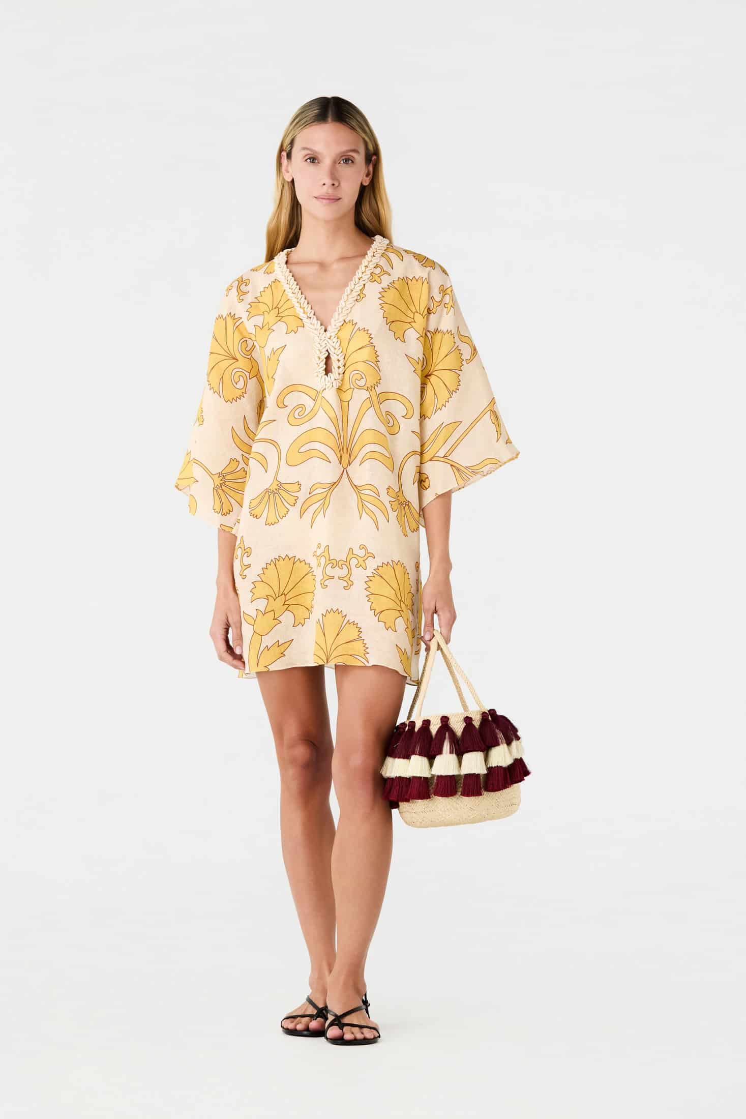 Andina Hand-Embroidered Linen Mini Tunic / Yellow Flowers - miniatura 1
