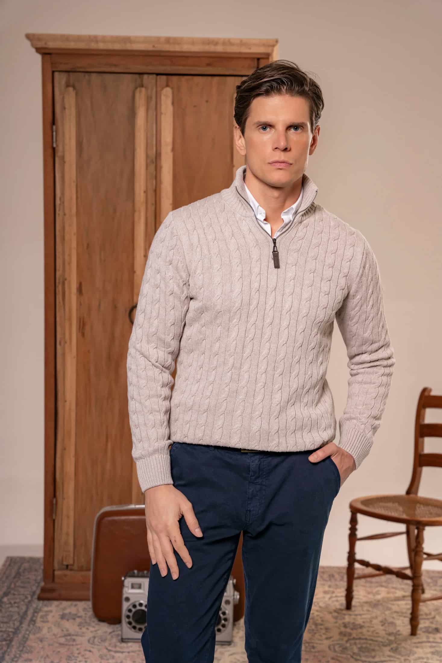 Suéter Halfzip Trenzado Hombre Arena - miniatura 5