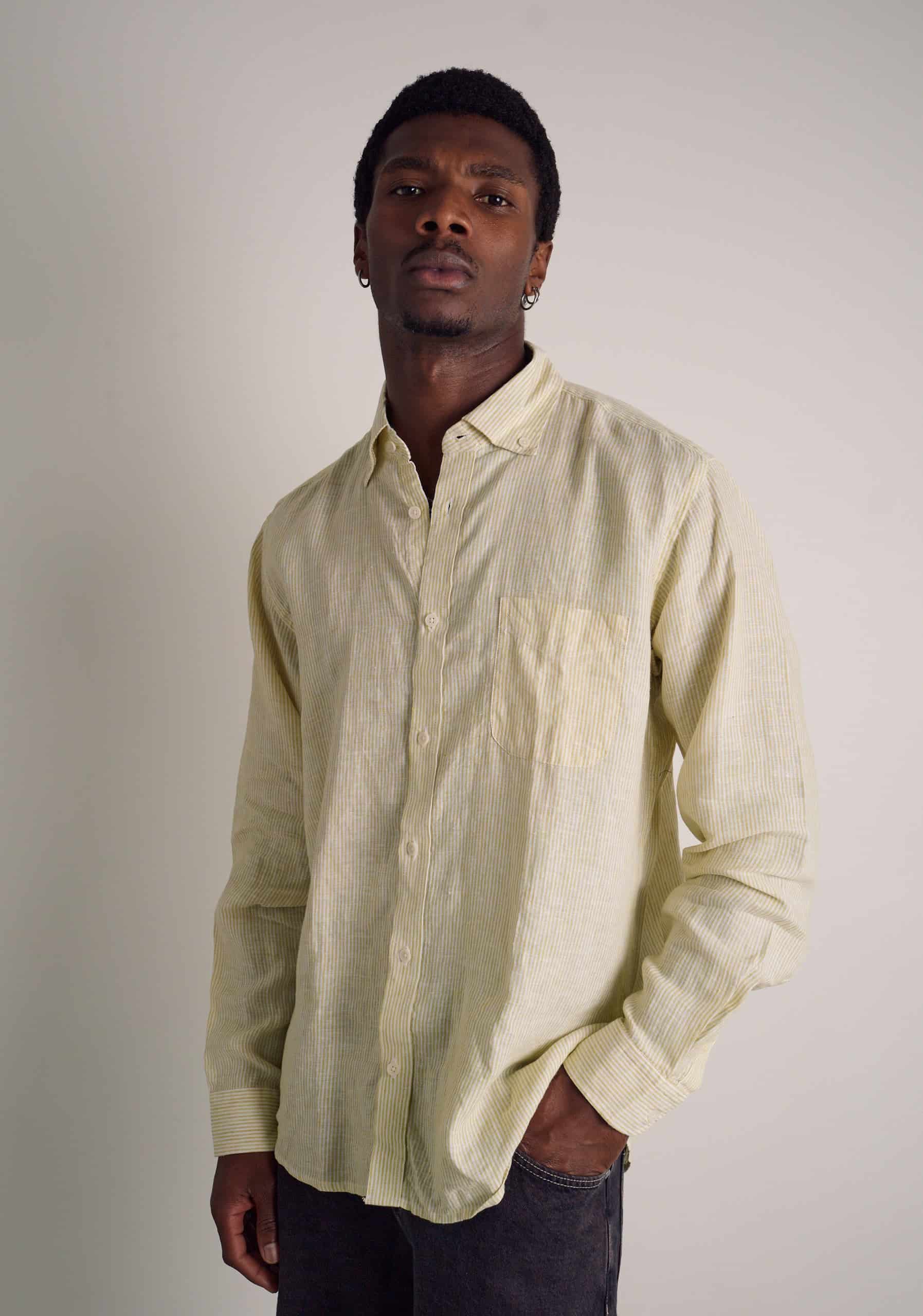 Camisa H CBD Lino Rayas Verde Med - Blanco - miniatura 3