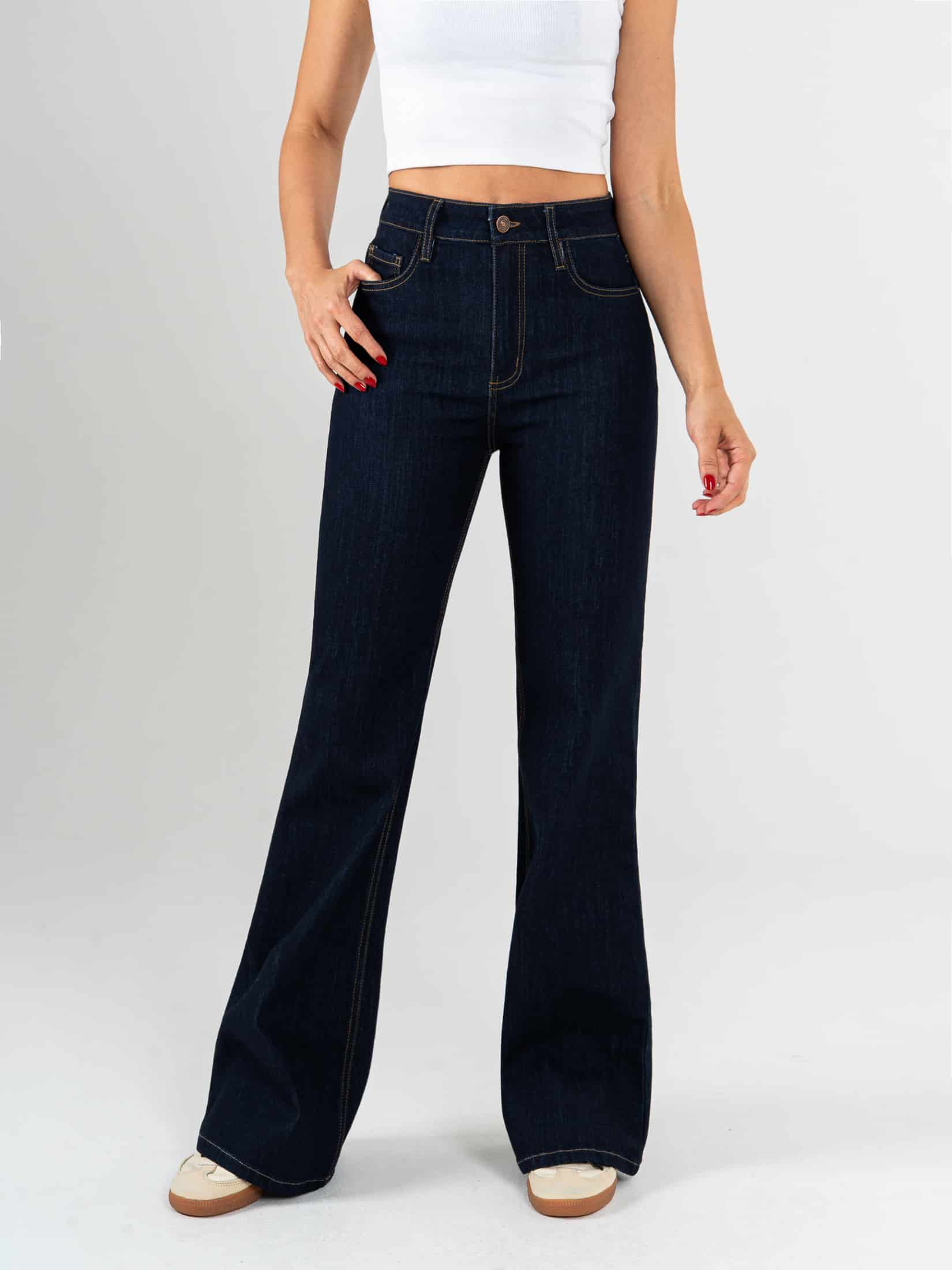 Ref: 065687 Jean flare stretch, bota ancha, tiro alto, tono azul oscuro. - miniatura 1