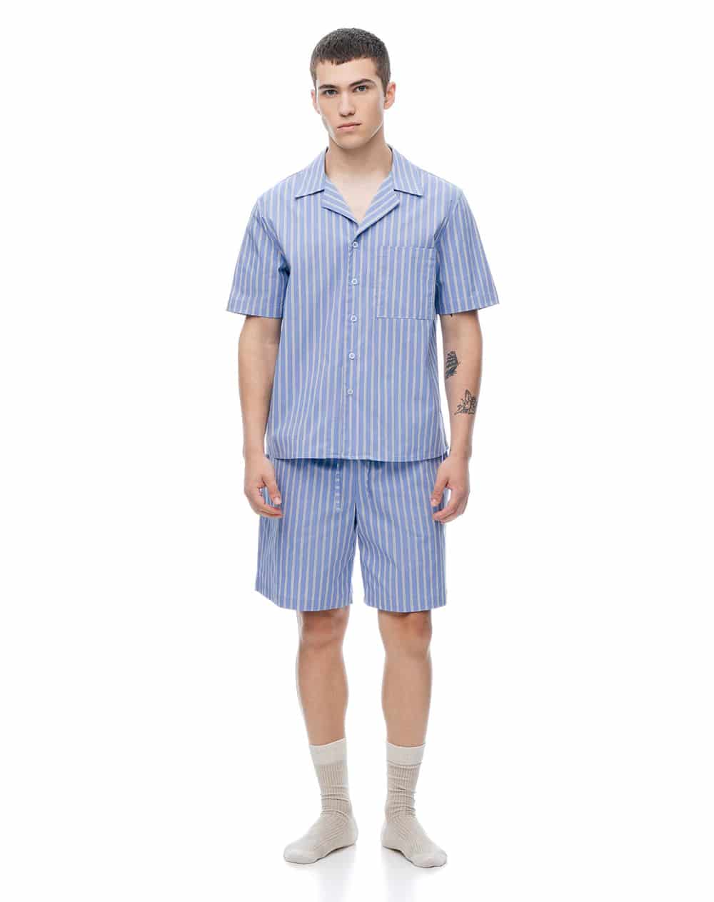 Camisa + bermuda de pijama algodón azul con rayas hombre - miniatura 3