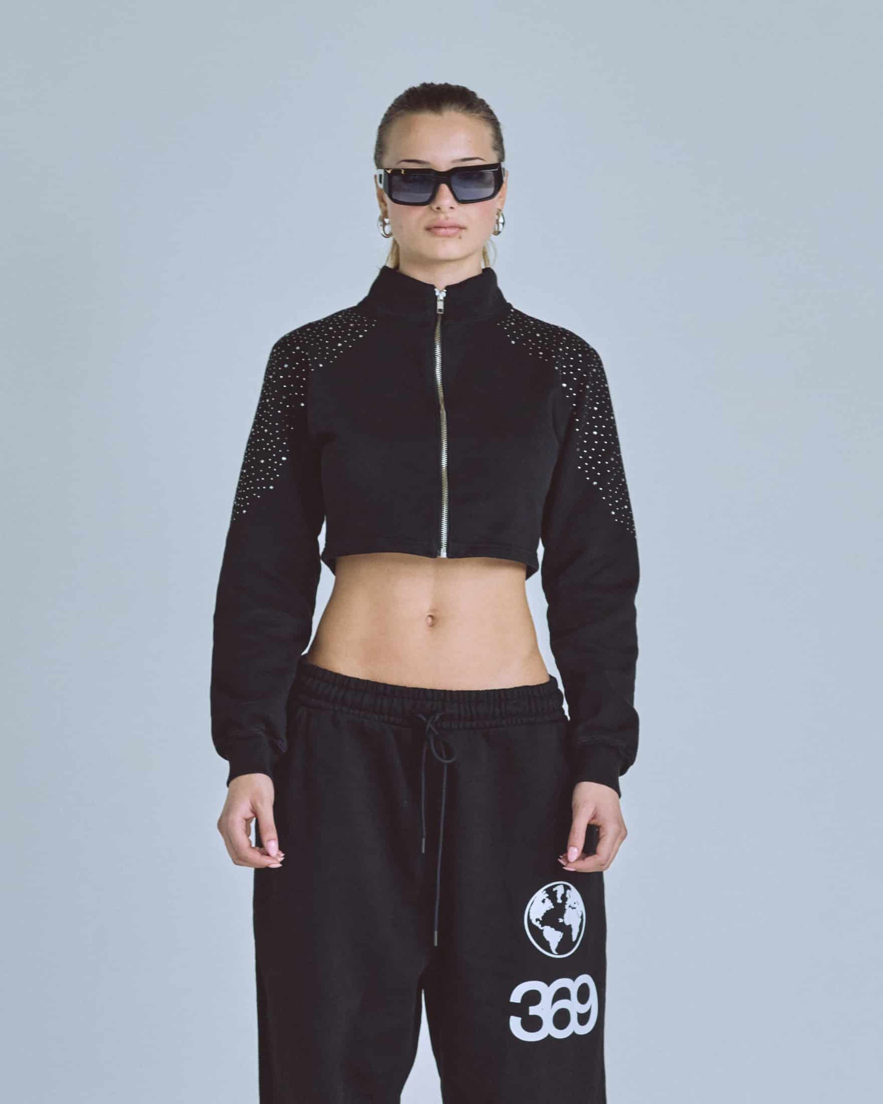 W Golden Heritage Slim Fit Zip Up Pearled Cropped Crewneck Black - miniatura 2