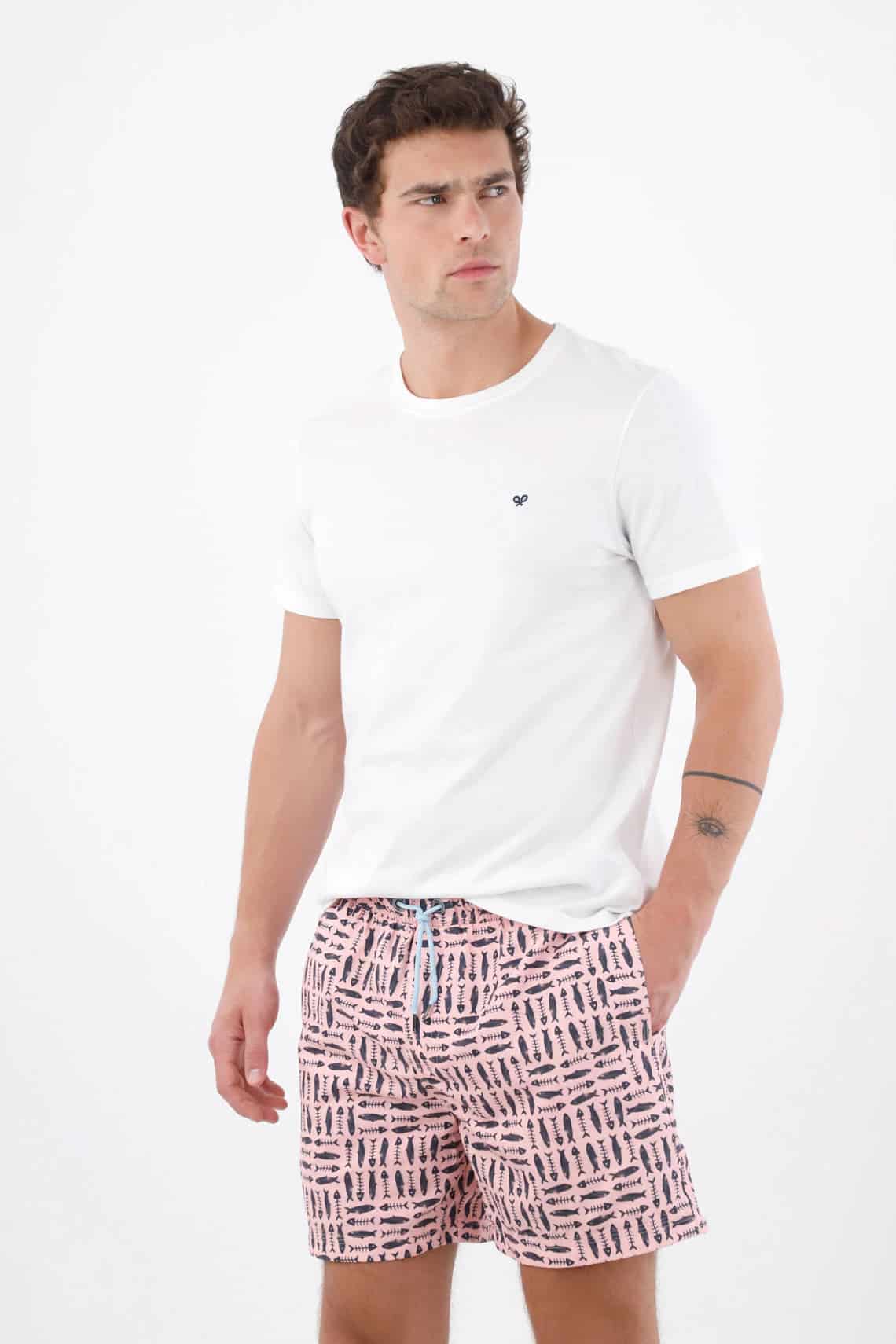 Pantaloneta de baño corte recto con estampado de peces en rosa para hombre - miniatura 1