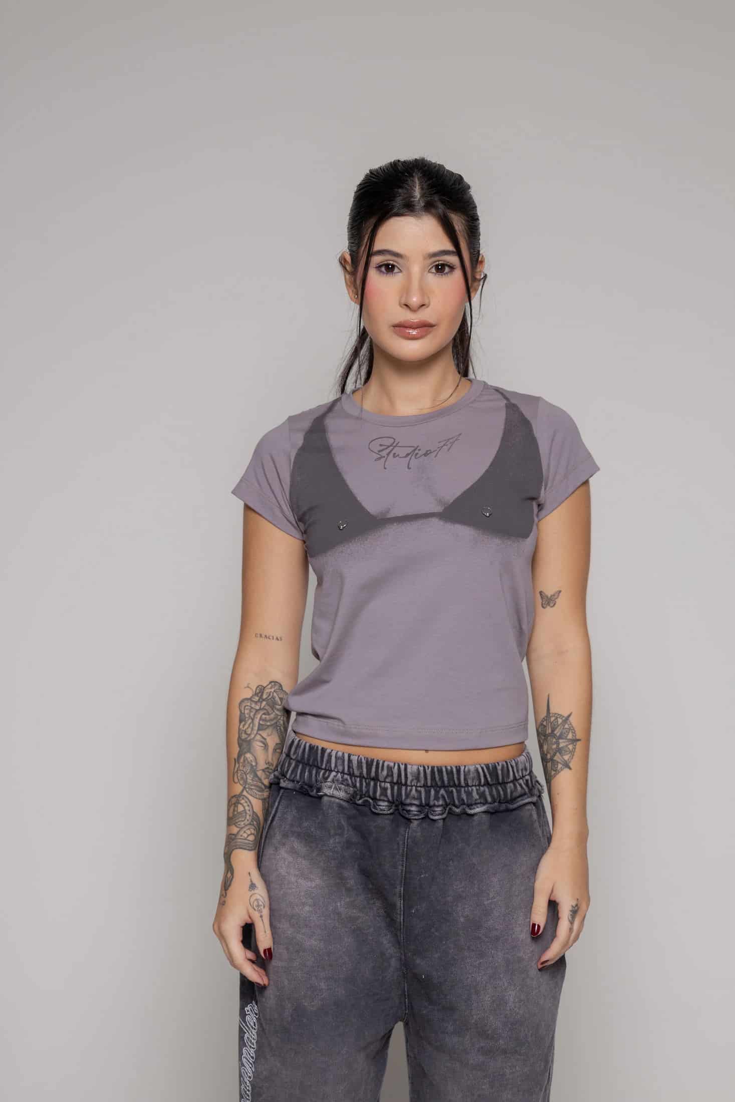 Crop T-Shirt boobs Unspeakable-Gris - miniatura 1
