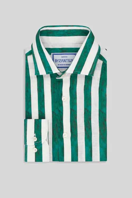 Men's linen shirt green faded striped - miniatura 6