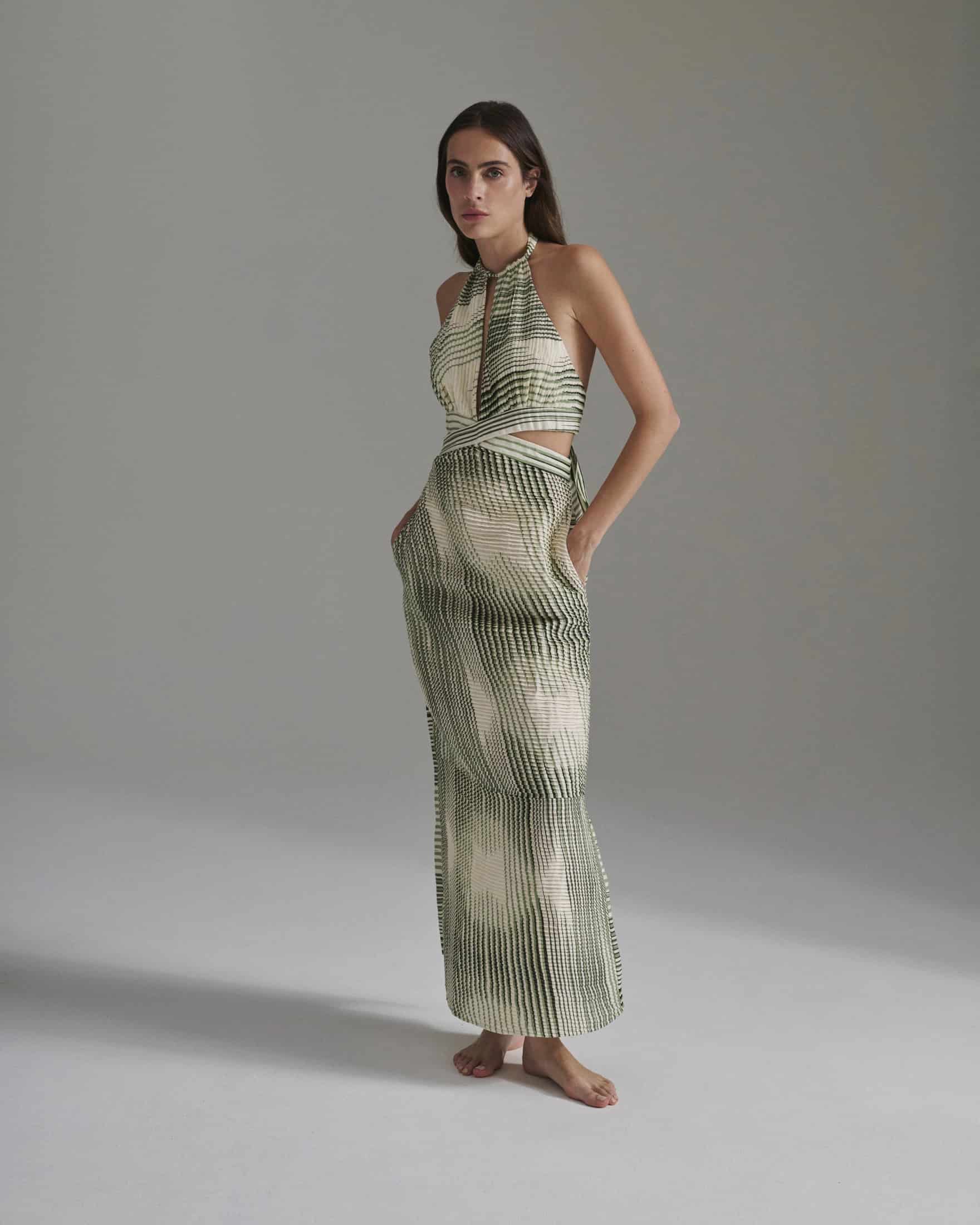 San Agustin Pleated Linen Midi Dress / Green Stripes - miniatura 1