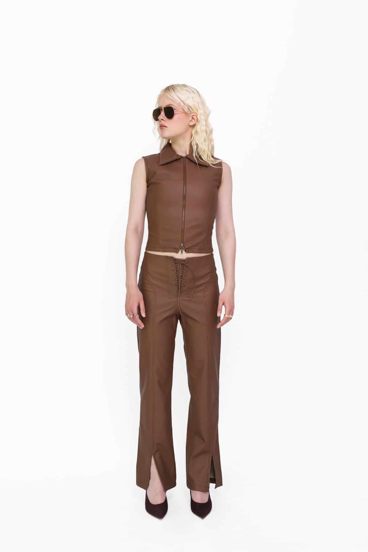 Zip Top in Brown Leather - miniatura 1