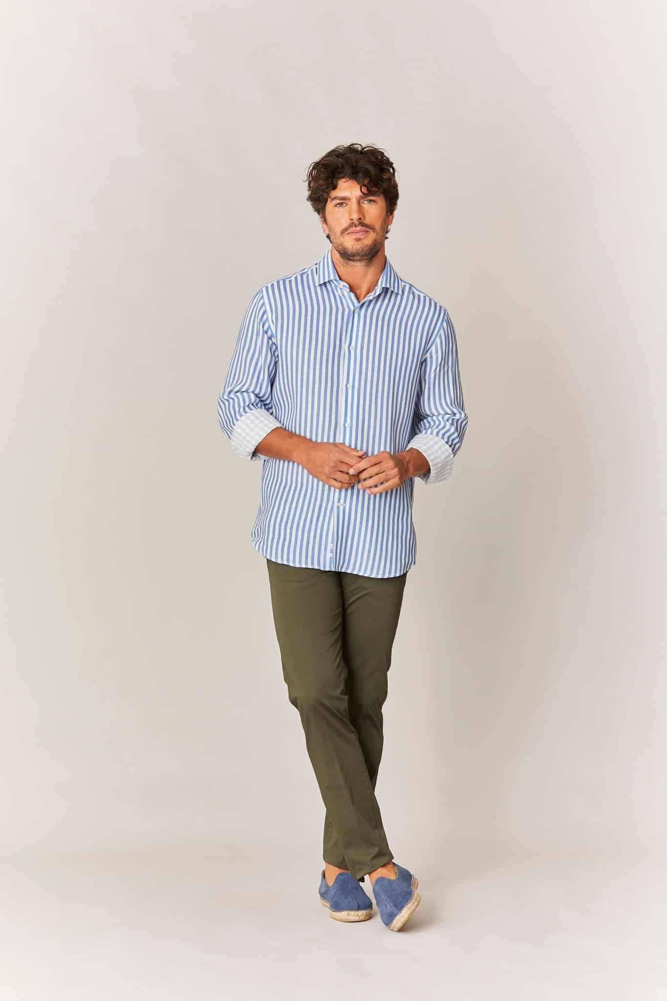 Men's linen shirt sky blue striped - miniatura 2