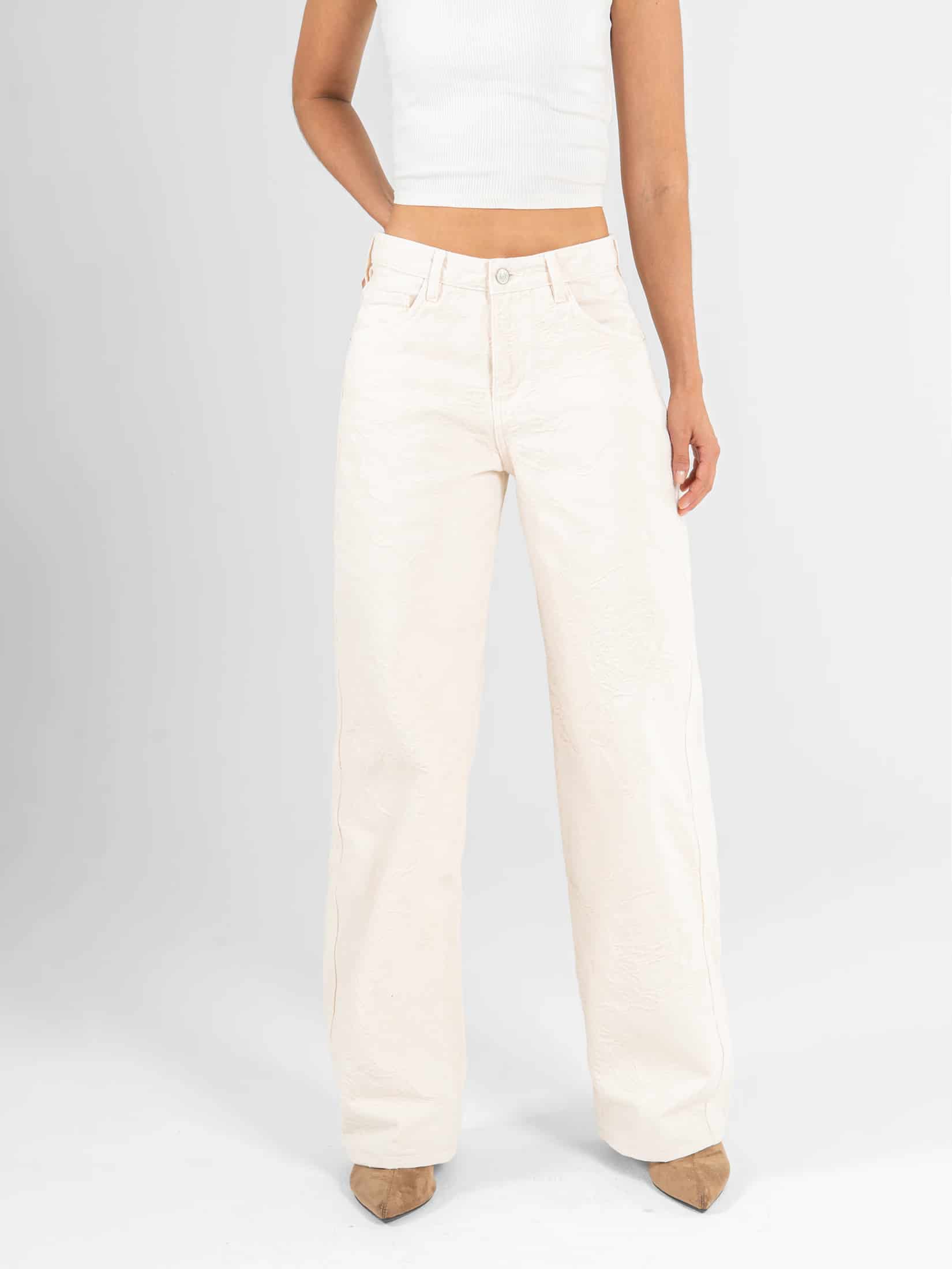 Ref: 0620600 Pantalón wide leg, rígido, tiro medio, tela bordada, tono natural - miniatura 1