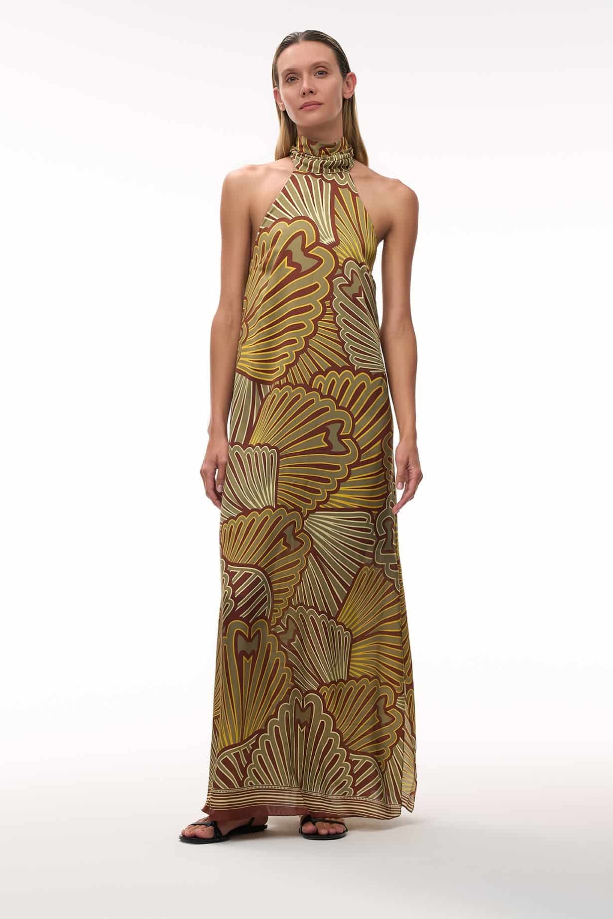 Costa Pacifica Satin Silk Midi Dress / Yellow Intricate Shells - miniatura 2