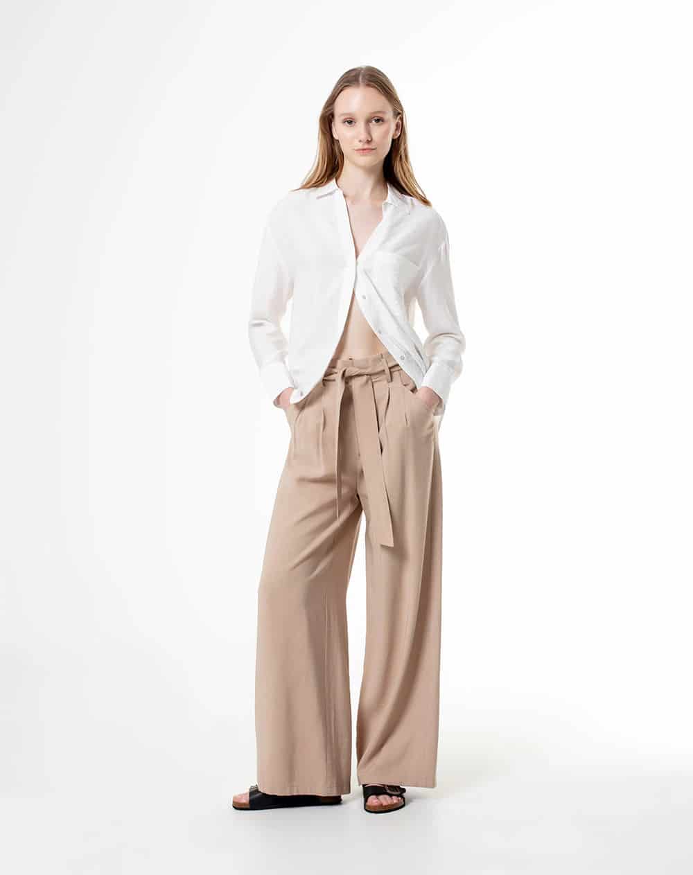 Pantalón palazzo tiro alto pliegues delanteros y cinturón caqui para mujer - miniatura 2