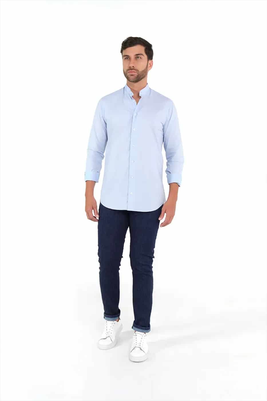 Camisa Cuello Nerú Slim Fit 100% Algodón Azul Claro - miniatura 2