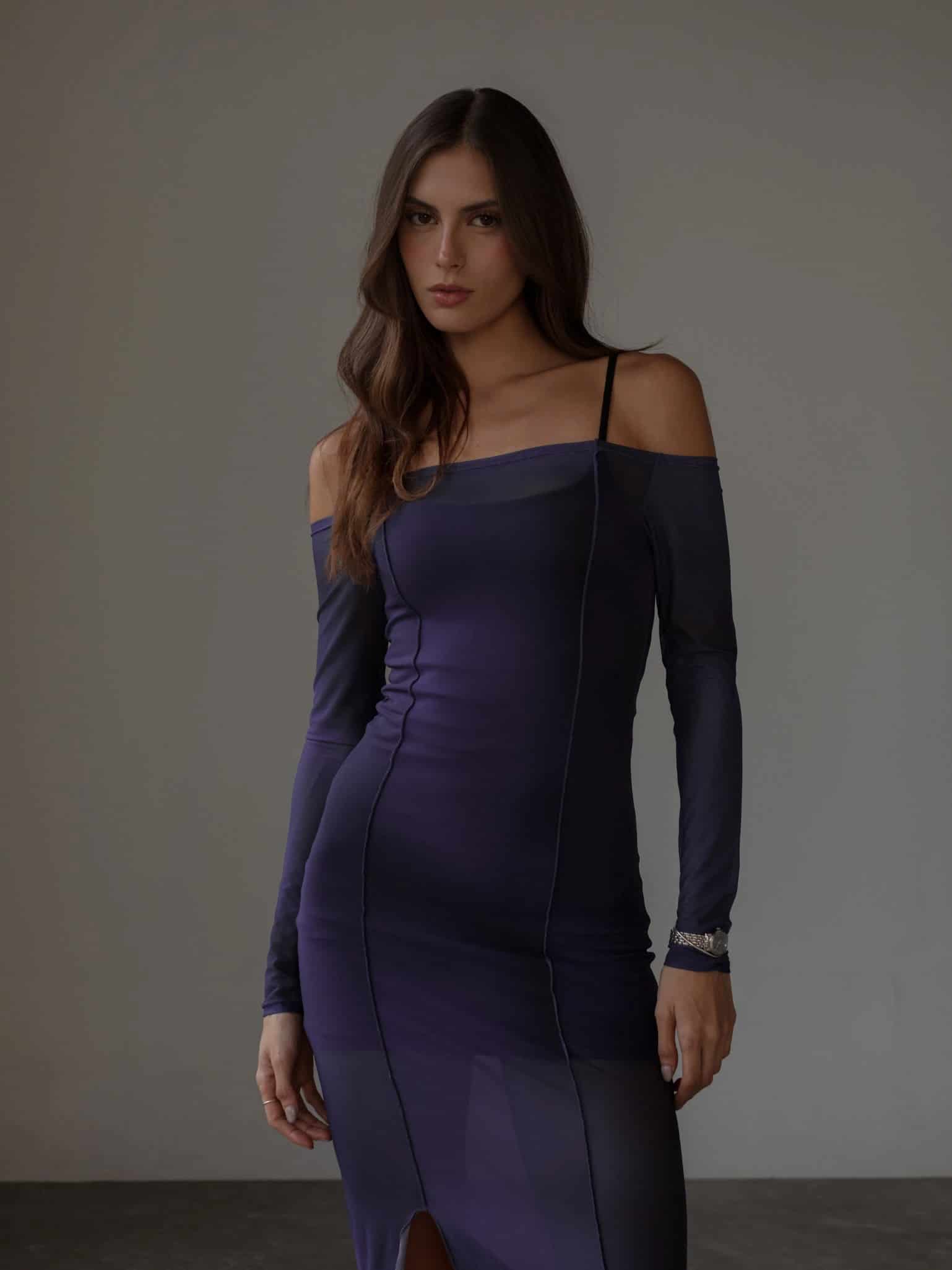OFF SHOULDER MESH DRESS - MYSTIC PURPLE - miniatura 5