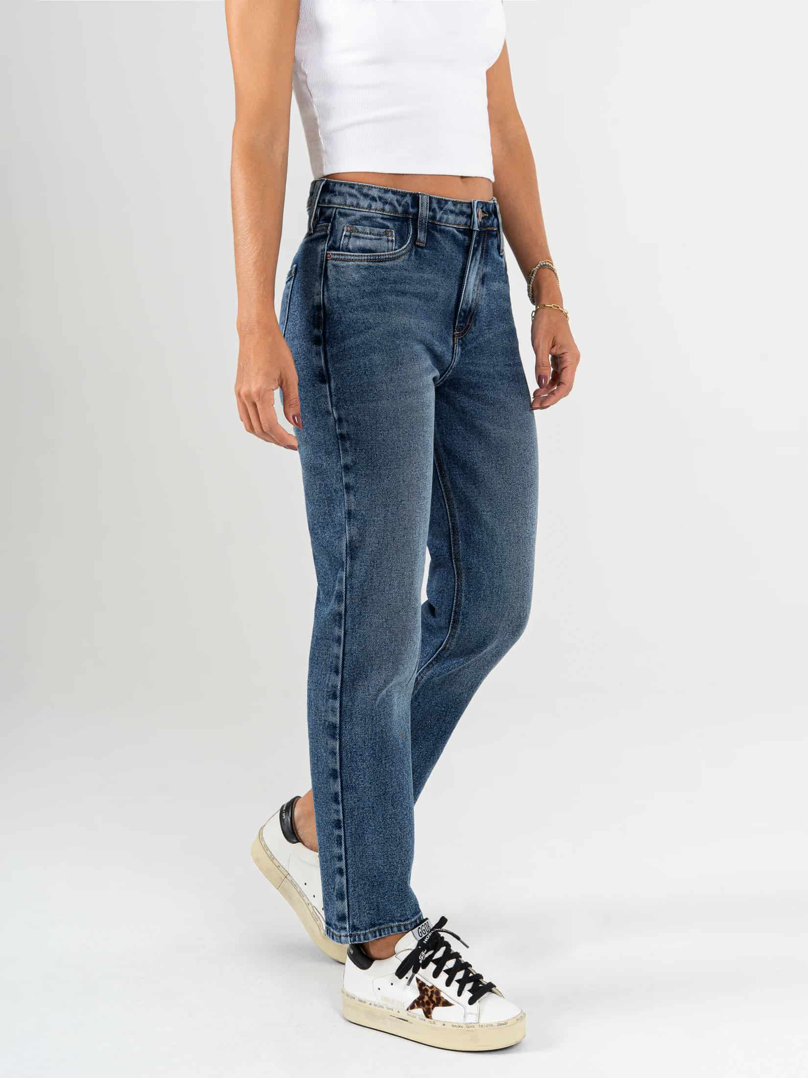 Ref: 065802 Jean Mom fit, slim cropped, stretch, tiro alto, tono azul medio oscuro - miniatura 3