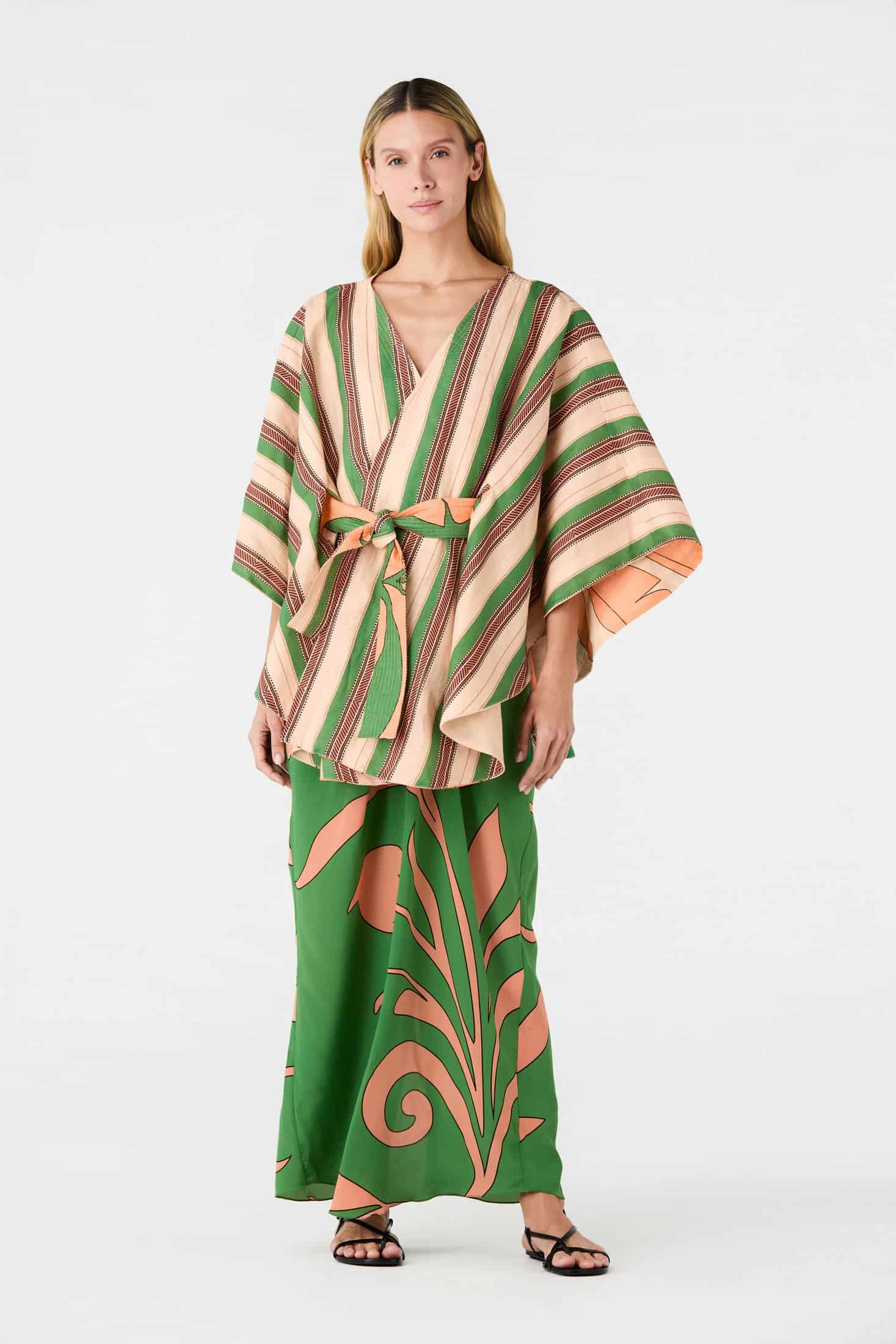 Cavalo Linen Poncho / Peach Palms - Green Artisanal Stripes - miniatura 2