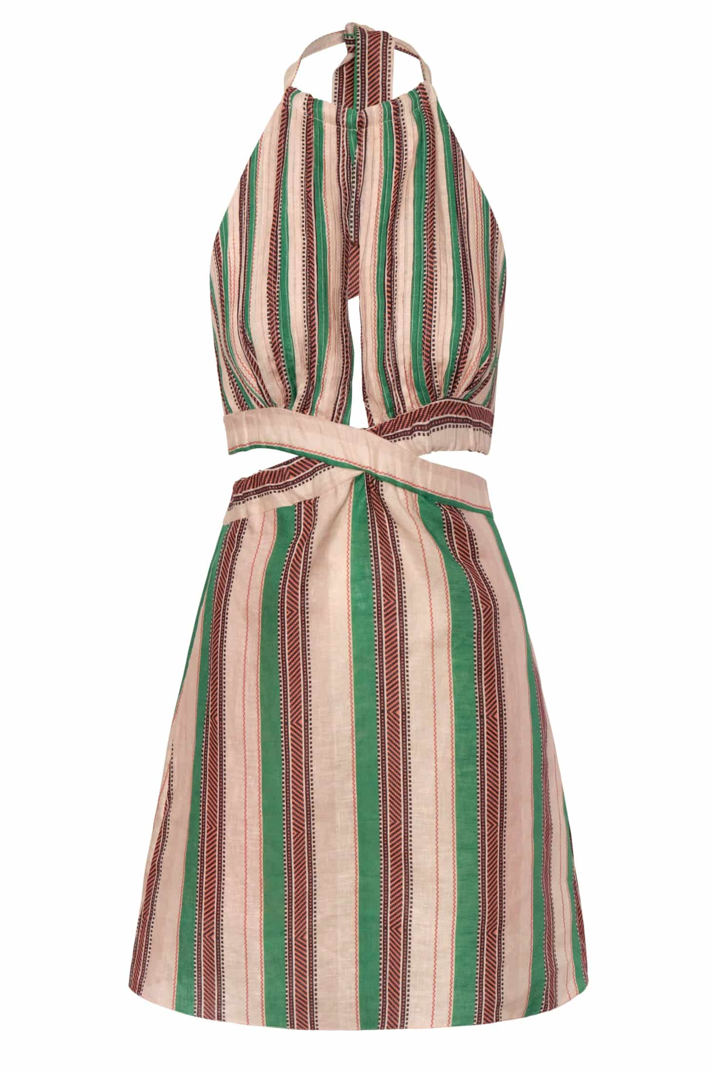San Agustín Linen Mini Dress / Green Artisanal Stripes - miniatura 1