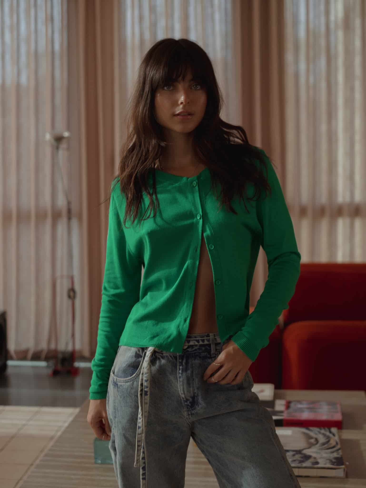 ASYMMETRIC BUTTON CARDIGAN - BRIGHT GREEN - miniatura 8