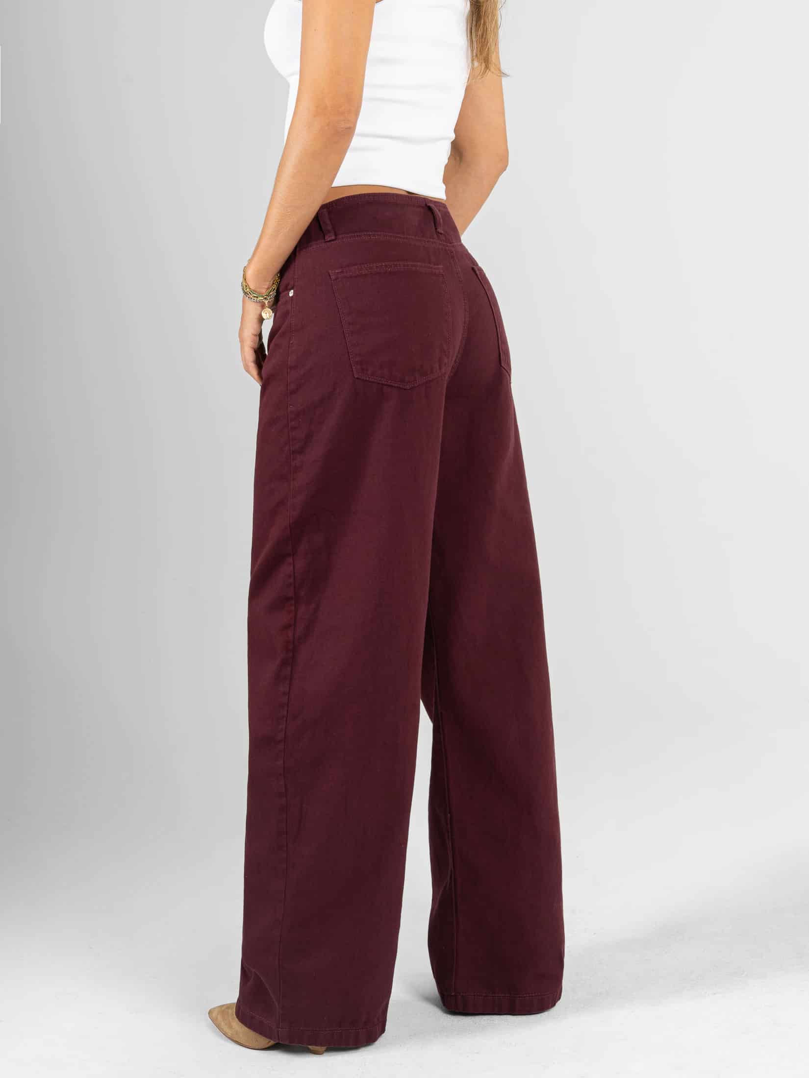 Ref: 0620563 Pantalón wide leg, rígido, tiro alto, detalle en pretina, tono vino tinto - miniatura 2