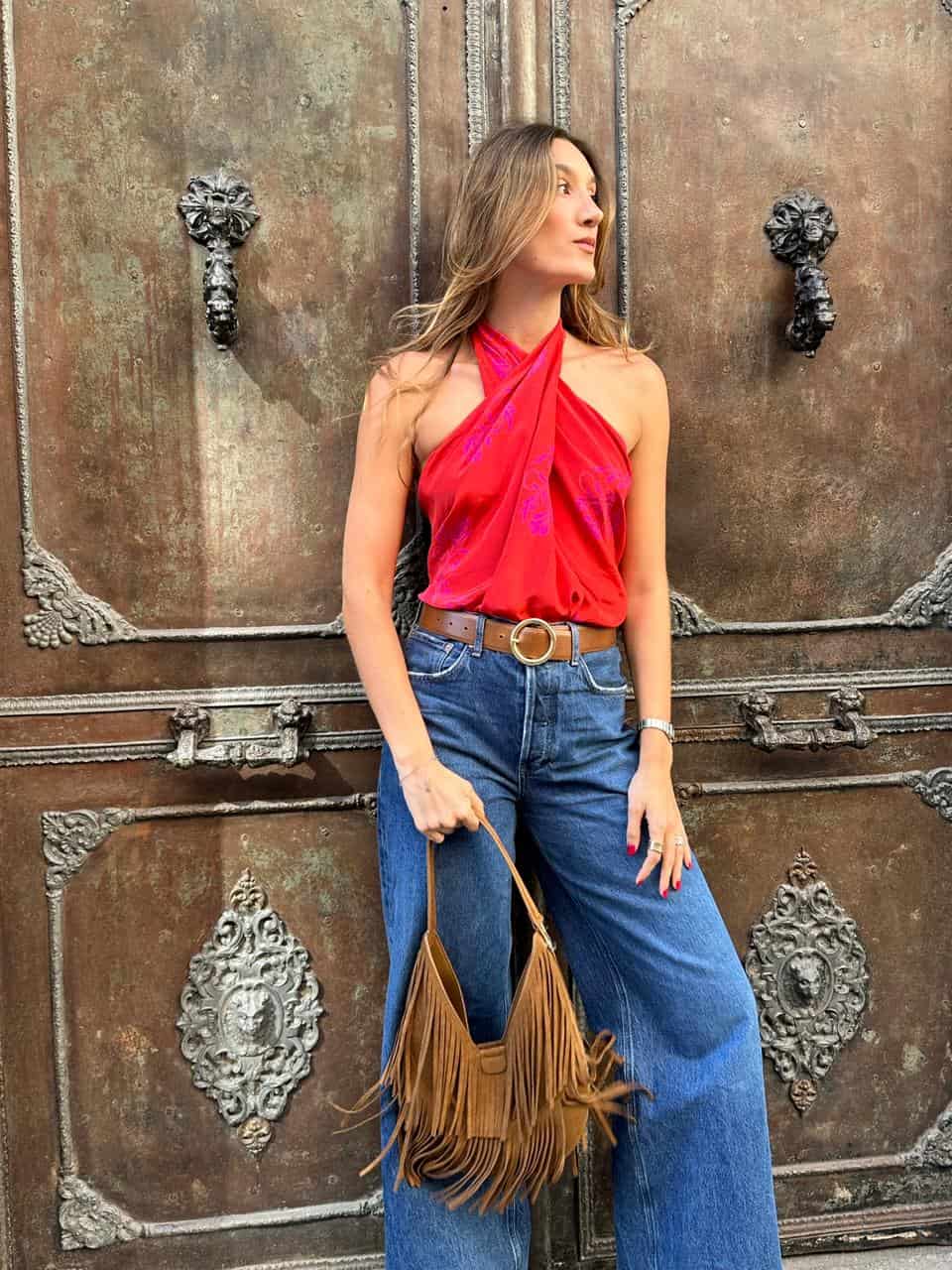 Cayetana Silk Crepe Blouse /  Red & Fuchsia Buganvilias - miniatura 3