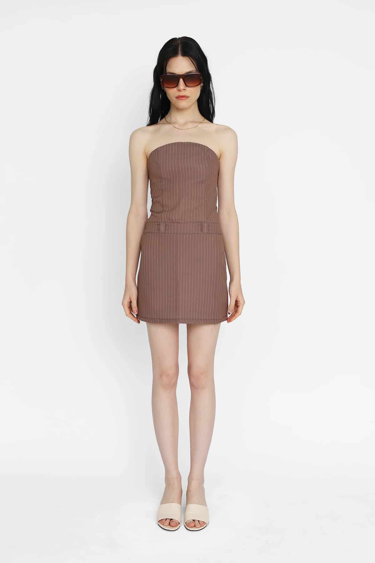 Strapless Mini Dress in Brown Pinstripe - miniatura 1