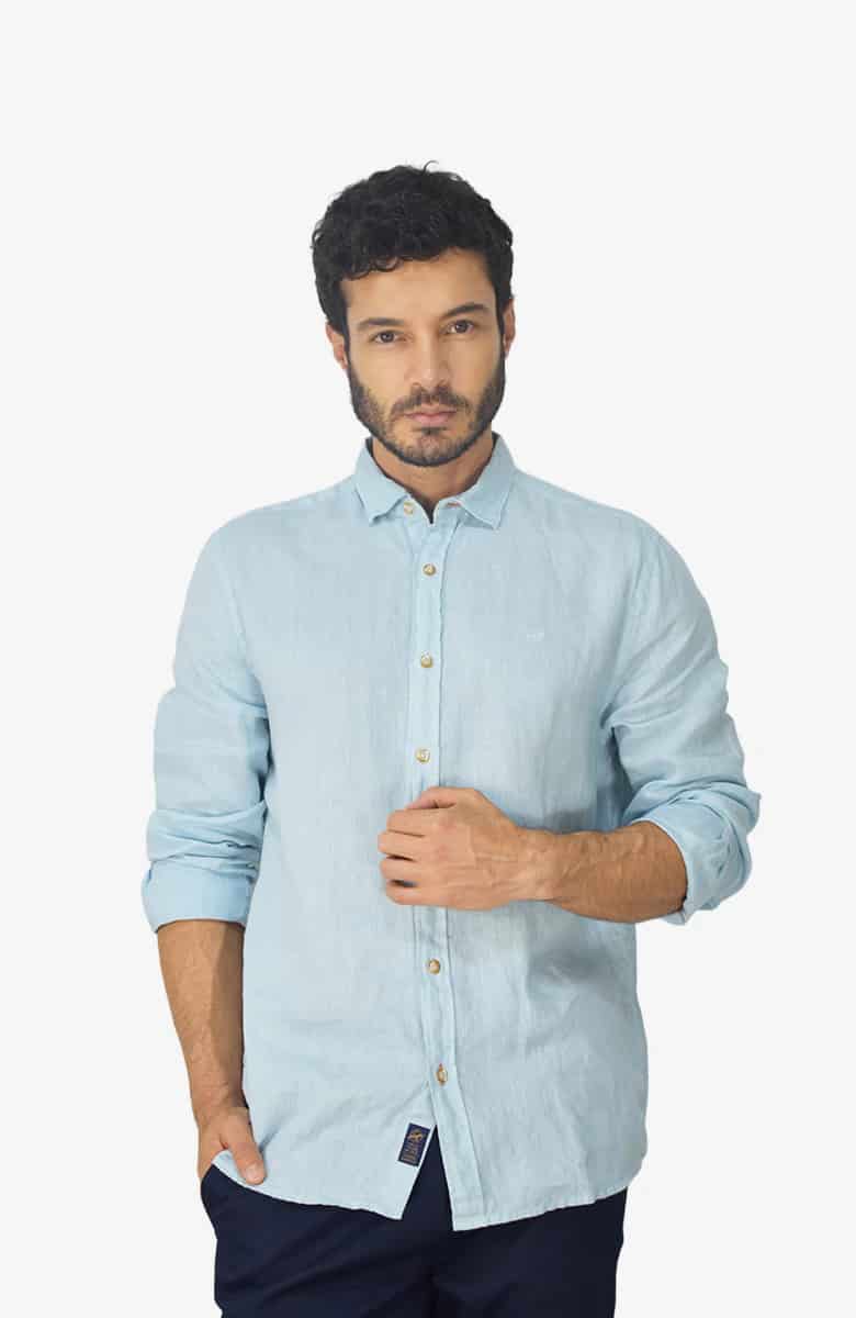 Camisa manga larga Lino Azul para Hombre - miniatura 1