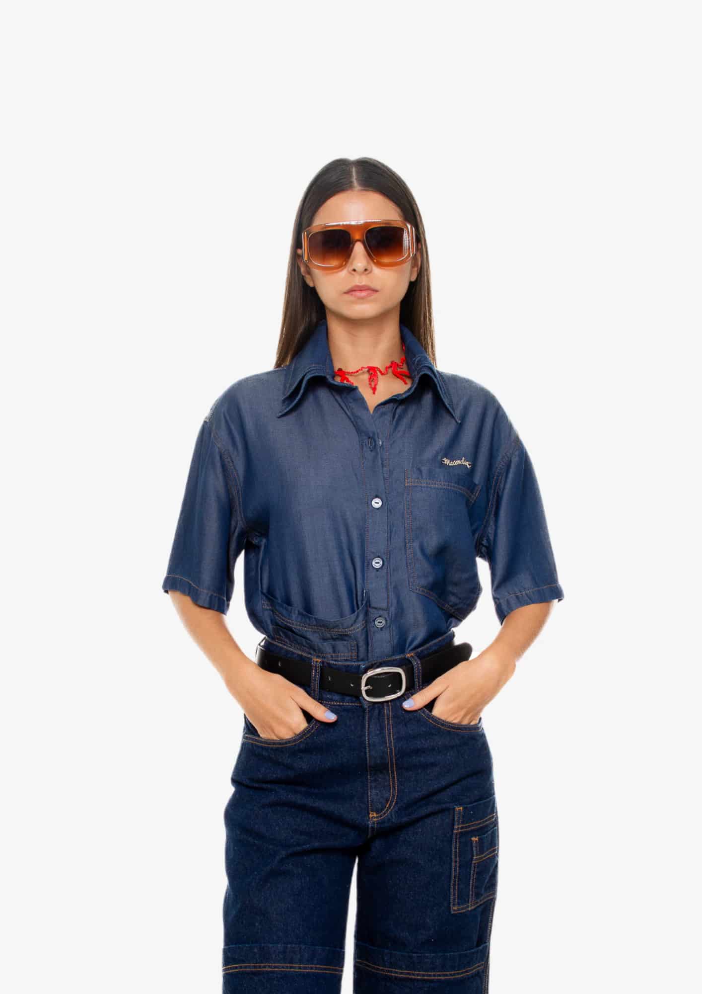 Dark-Wash Short-Sleeve Double Neck Shirt - miniatura 1