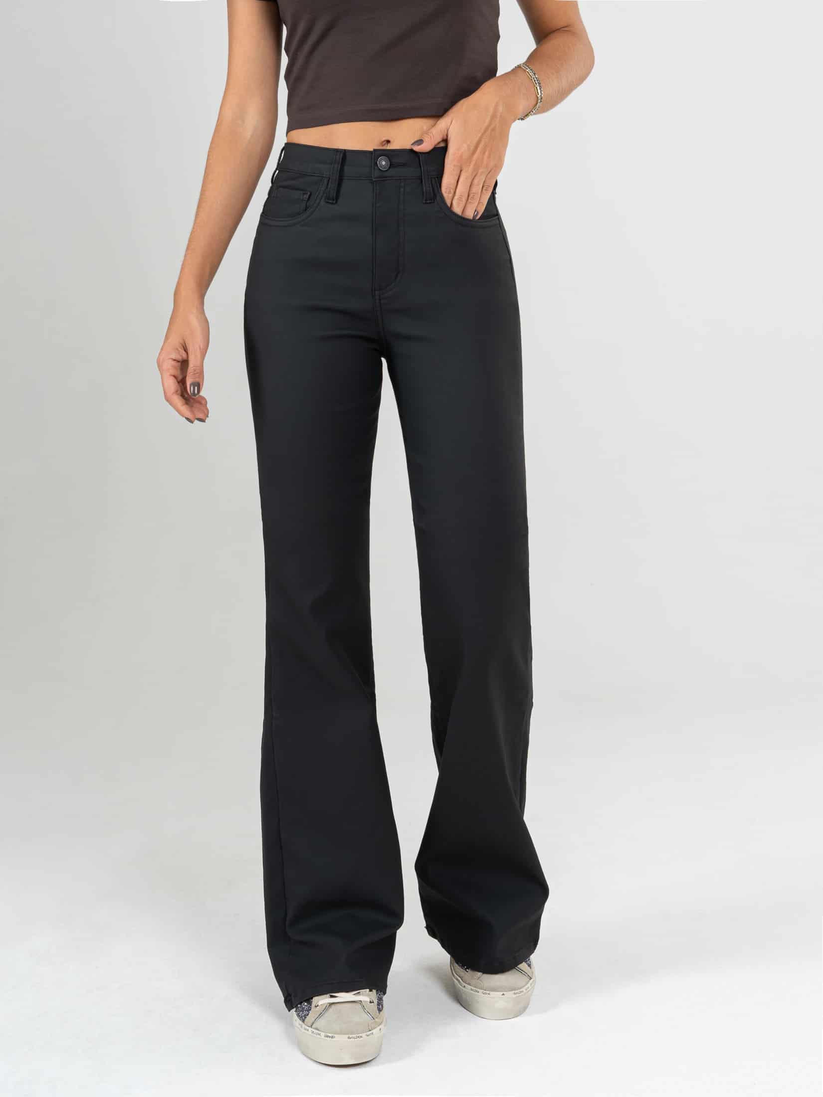 Ref: 065963 Pantalón flare stretch, bota ancha, efecto cuero, tiro alto, tono negro. - miniatura 1