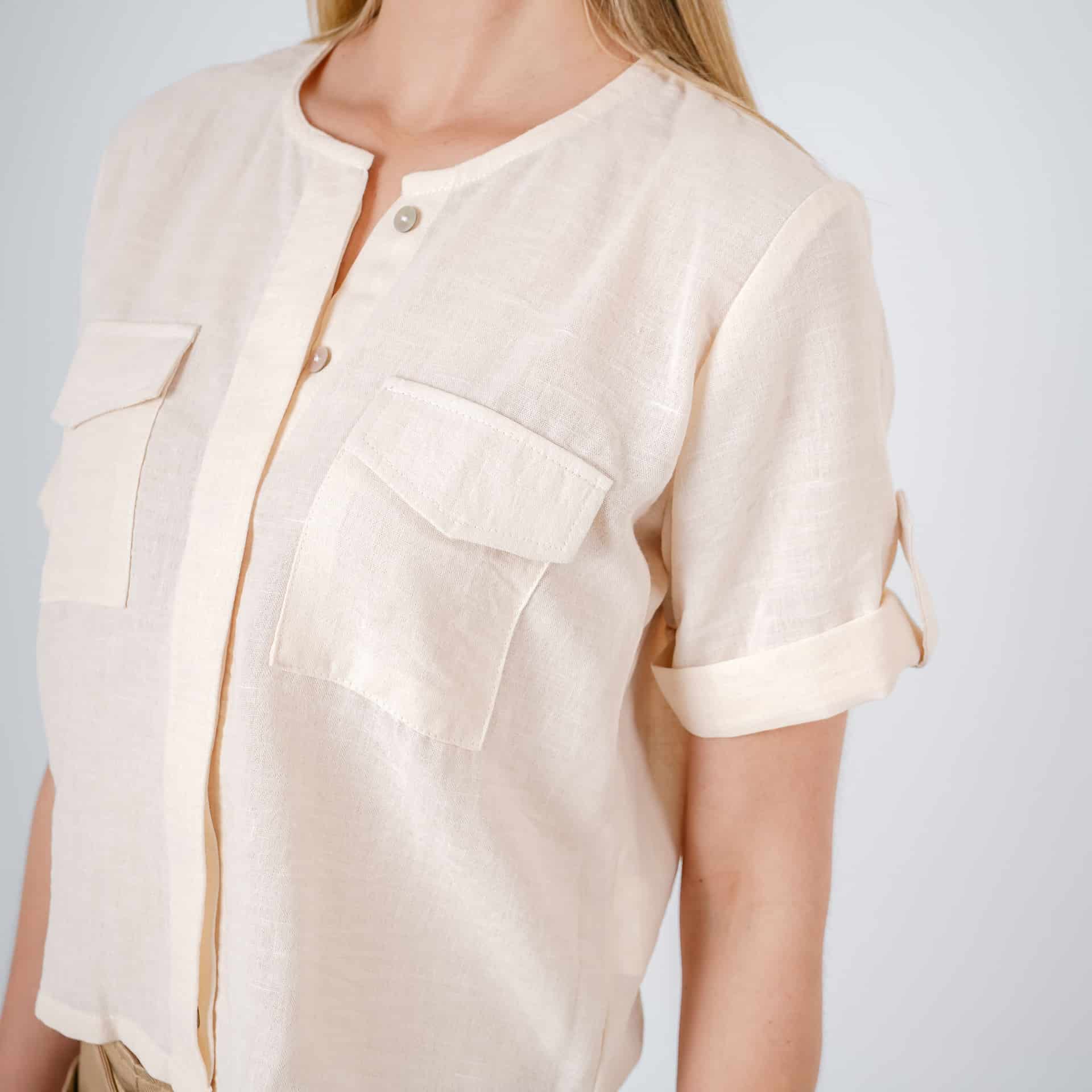 Blusa abierta escote redondo manga corta con charreteras - miniatura 6