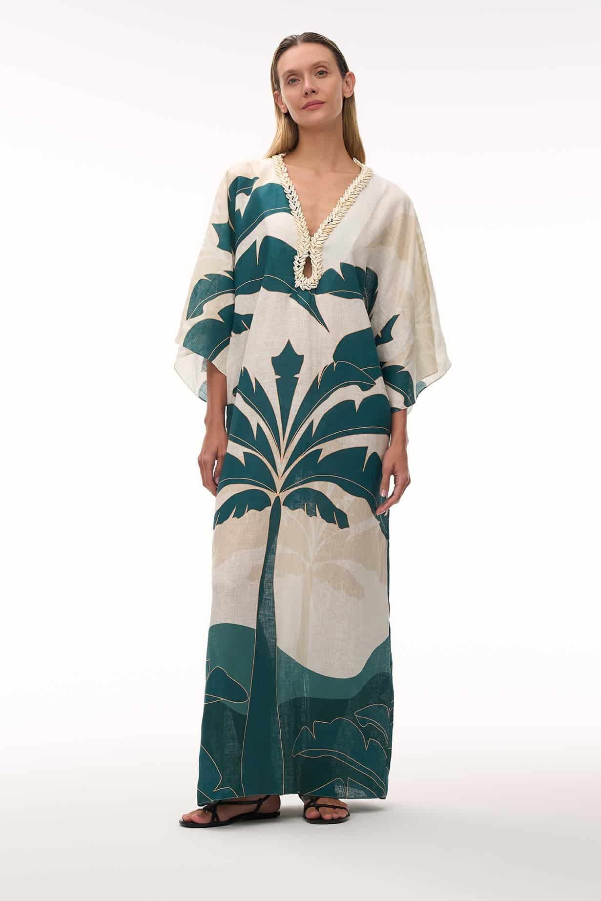 Andina Hand Embroidered Linen Tunic / Aquamarine Palms - miniatura 2