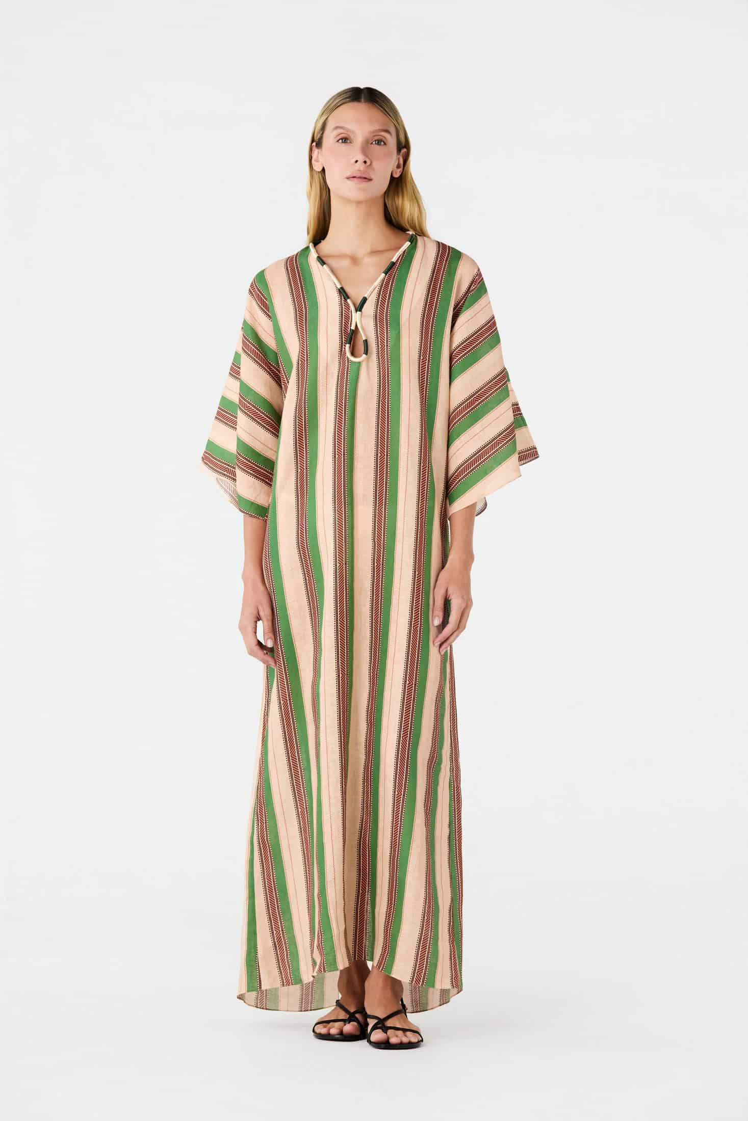 Andina Hand-Embroidered Linen Tunic / Green Artisanal Stripes - miniatura 2