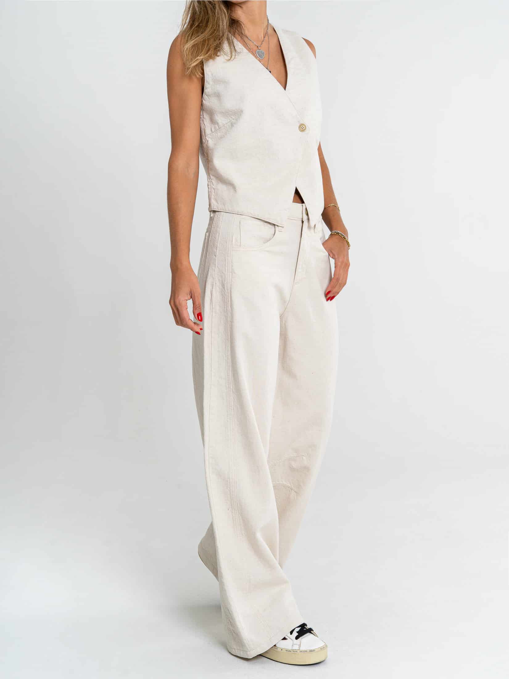Ref: 069926 Pantalón wide leg, tiro alto, tono natural, tejido plano rígido, tipo lino - miniatura 3