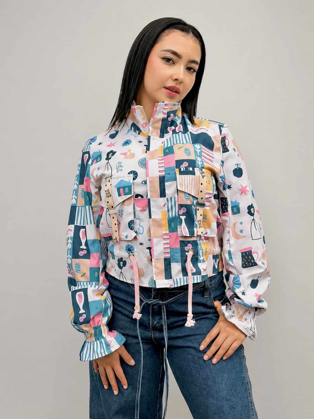 Chaqueta corta estampada crema - miniatura 5