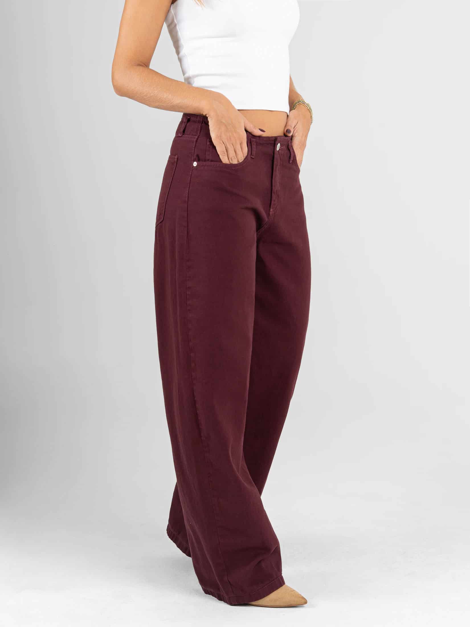 Ref: 0620563 Pantalón wide leg, rígido, tiro alto, detalle en pretina, tono vino tinto - miniatura 3