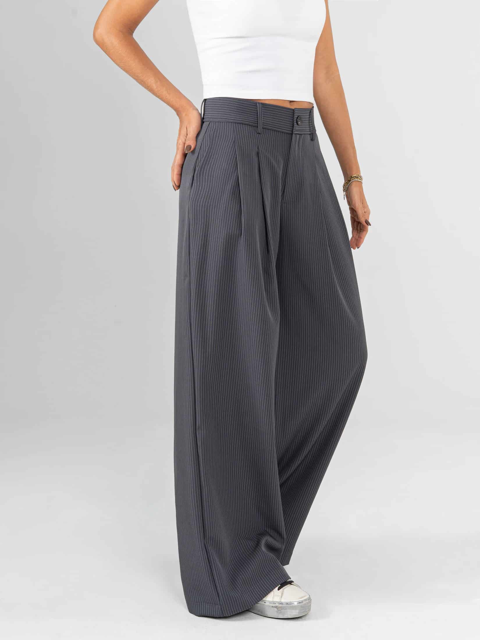 Ref: 0620463 Pantalón palazzo, stretch, tejido plano liviano, rayas, tiro alto, tono gris. - miniatura 3