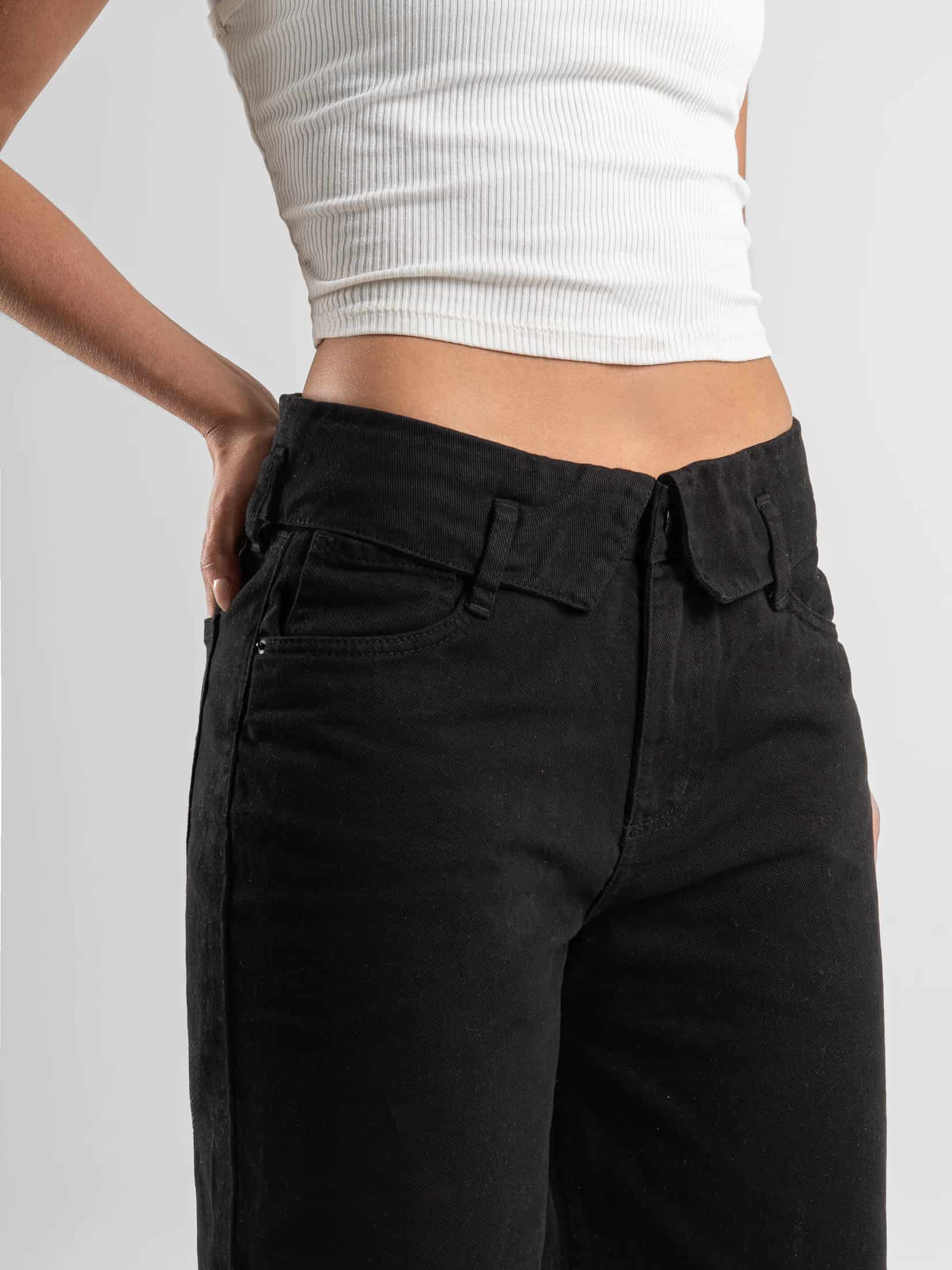 Ref: 0620631 Pantalón palazzo, rígido, detalle en pretina, tiro medio, tono negro - miniatura 2