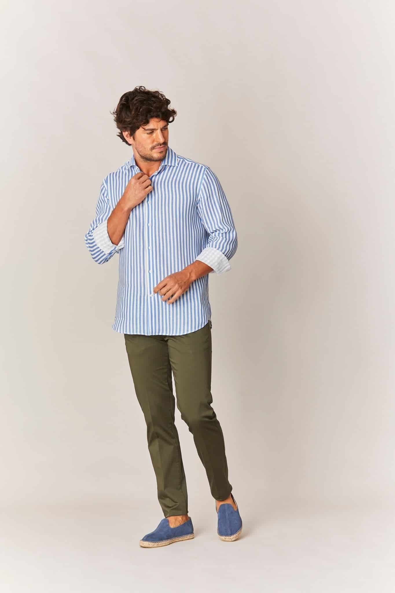 Men's linen shirt sky blue striped - miniatura 4