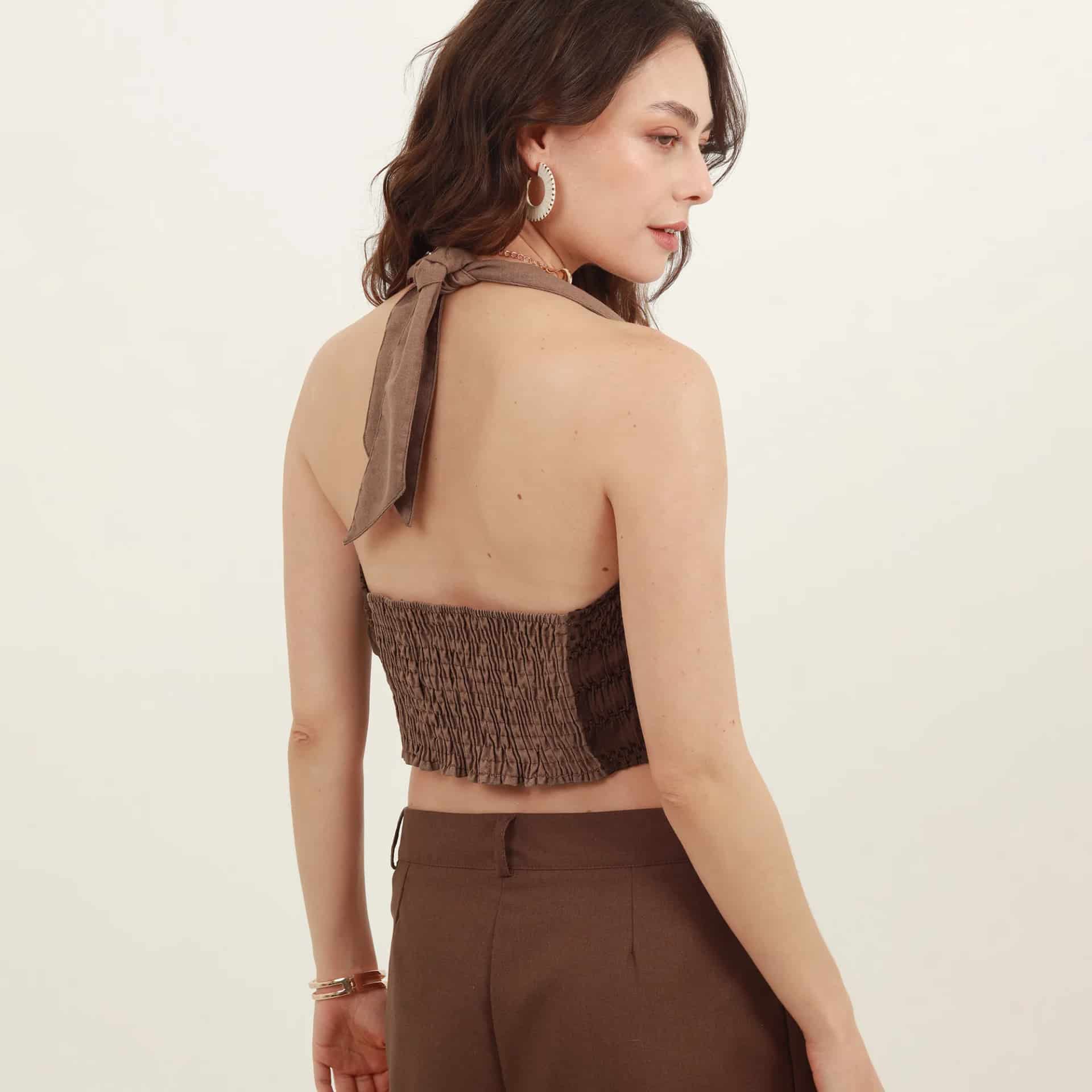 Blusa cuello recto manga sisa con lazo en cuello - miniatura 6