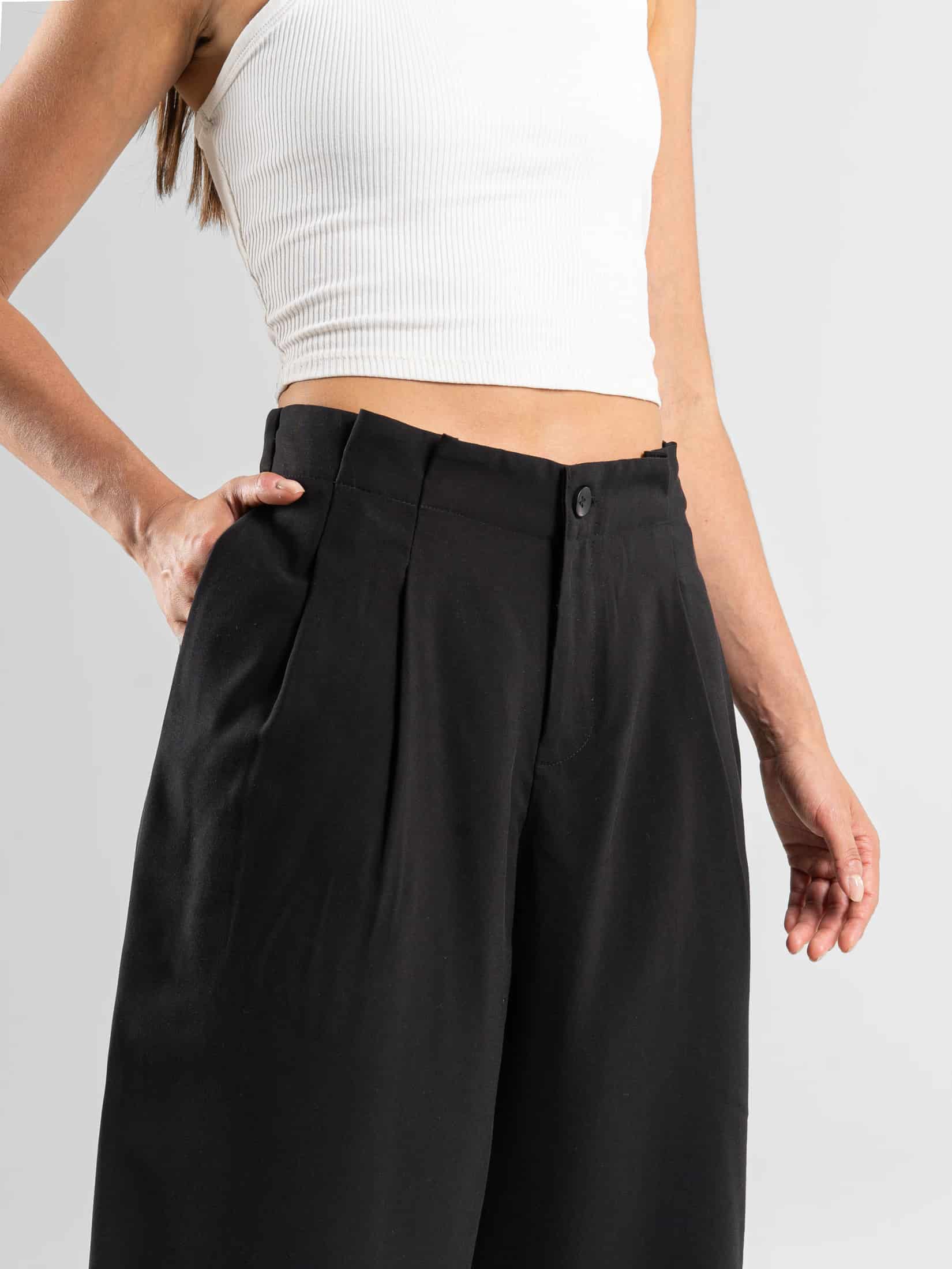 Ref: 0620585 Pantalón wide leg, tejido plano liviano, tiro alto, pretina resortada, tono negro - miniatura 4